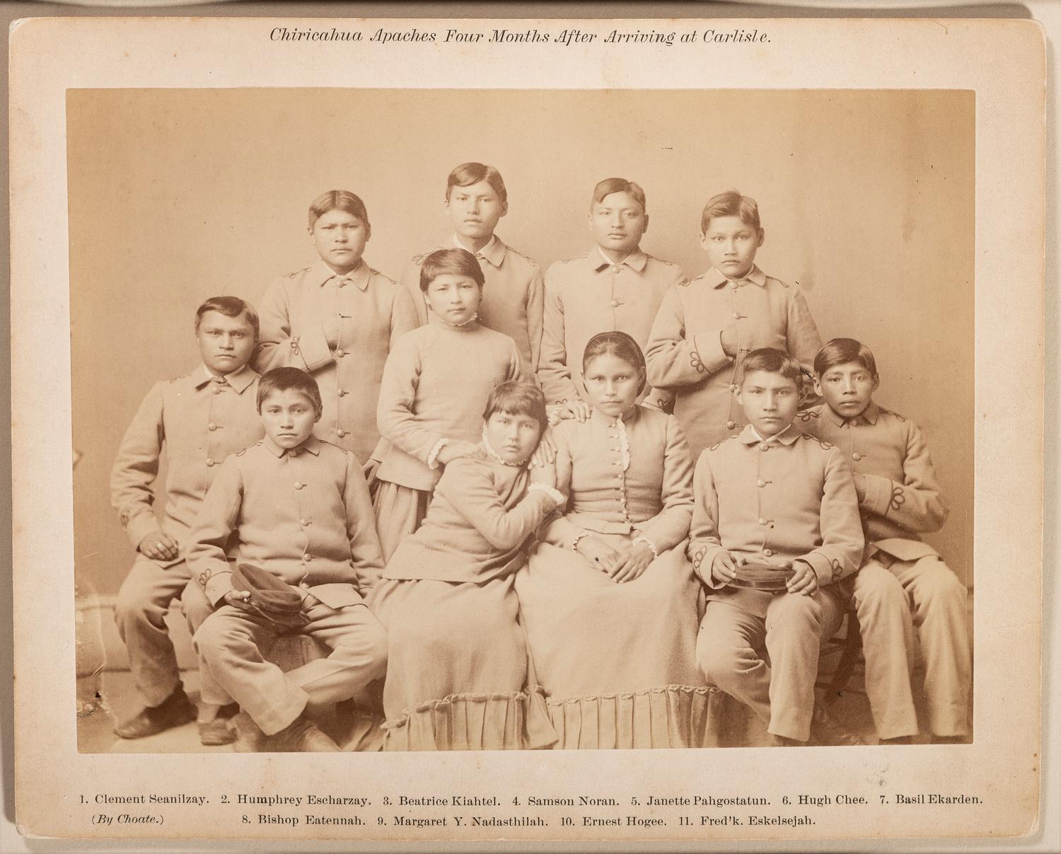 CHOATE, John N. (1848-1902), photographer. A pair of large format photographs featuring identified Chiricahua Apache students at Carlisle Indian School, before and after. Carlisle, PA, ca 1880s.