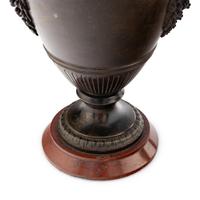 A Pair of Neoclassical Style Patinated Bronze and Rouge Griotte Marble Urns Mounted as Lamps