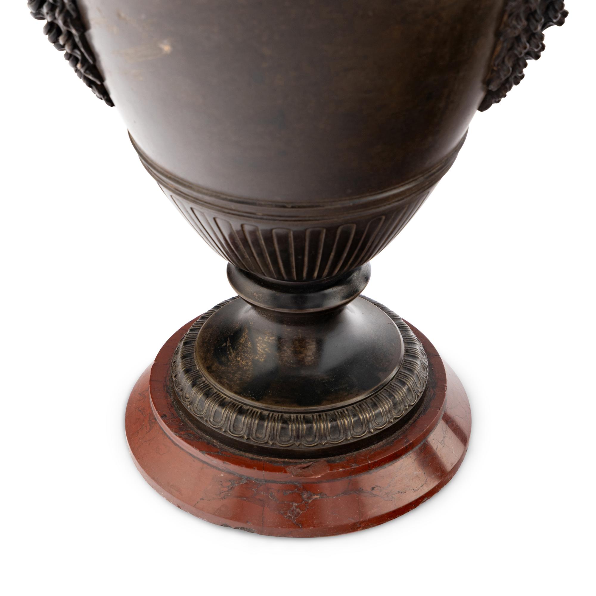 A Pair of Neoclassical Style Patinated Bronze and Rouge Griotte Marble Urns Mounted as Lamps