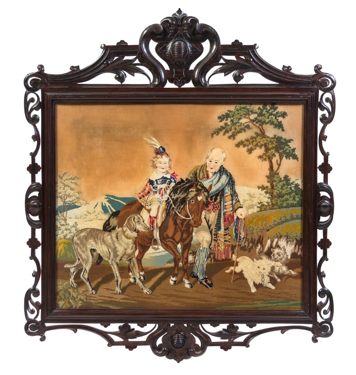 A Continental Needlework Fireplace Screen, Height 28 1/4 x width 34 inches.