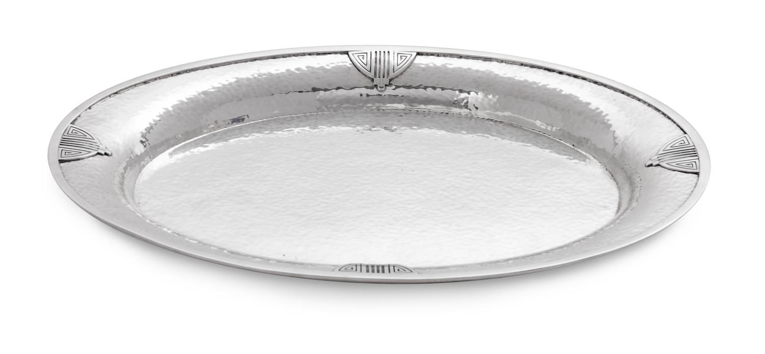 An American Silver Plate, R. Wallace & Sons, Wallingford, CT, with hammered surface and applied decoration.