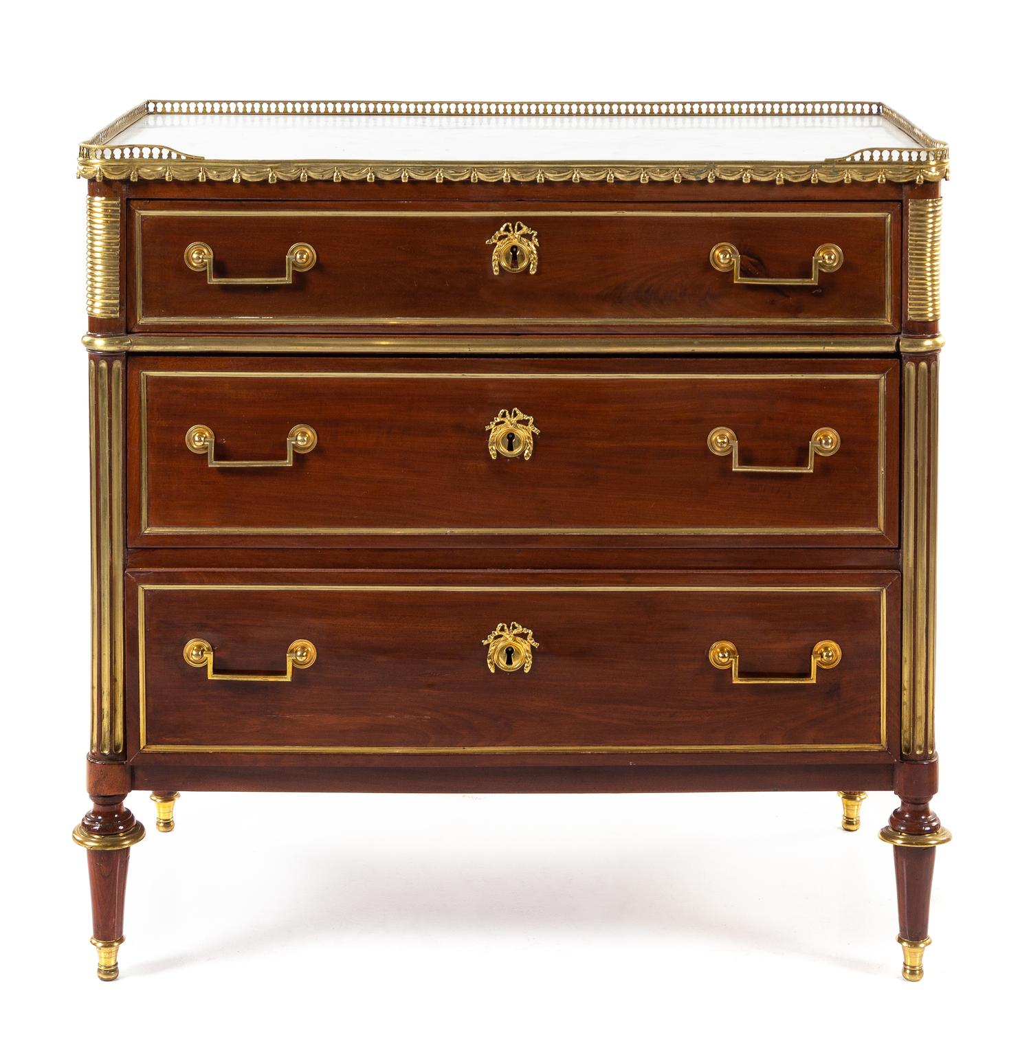 A Louis XVI Style Gilt Bronze Mounted Mahogany Chest of Drawers Height 35 1/2 x width 36 1/2 x depth 18 1/4 inches. — 19TH CENTURY