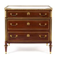 A Louis XVI Style Gilt Bronze Mounted Mahogany Chest of Drawers Height 35 1/2 x width 36 1/2 x depth 18 1/4 inches. — 19TH CENTURY
