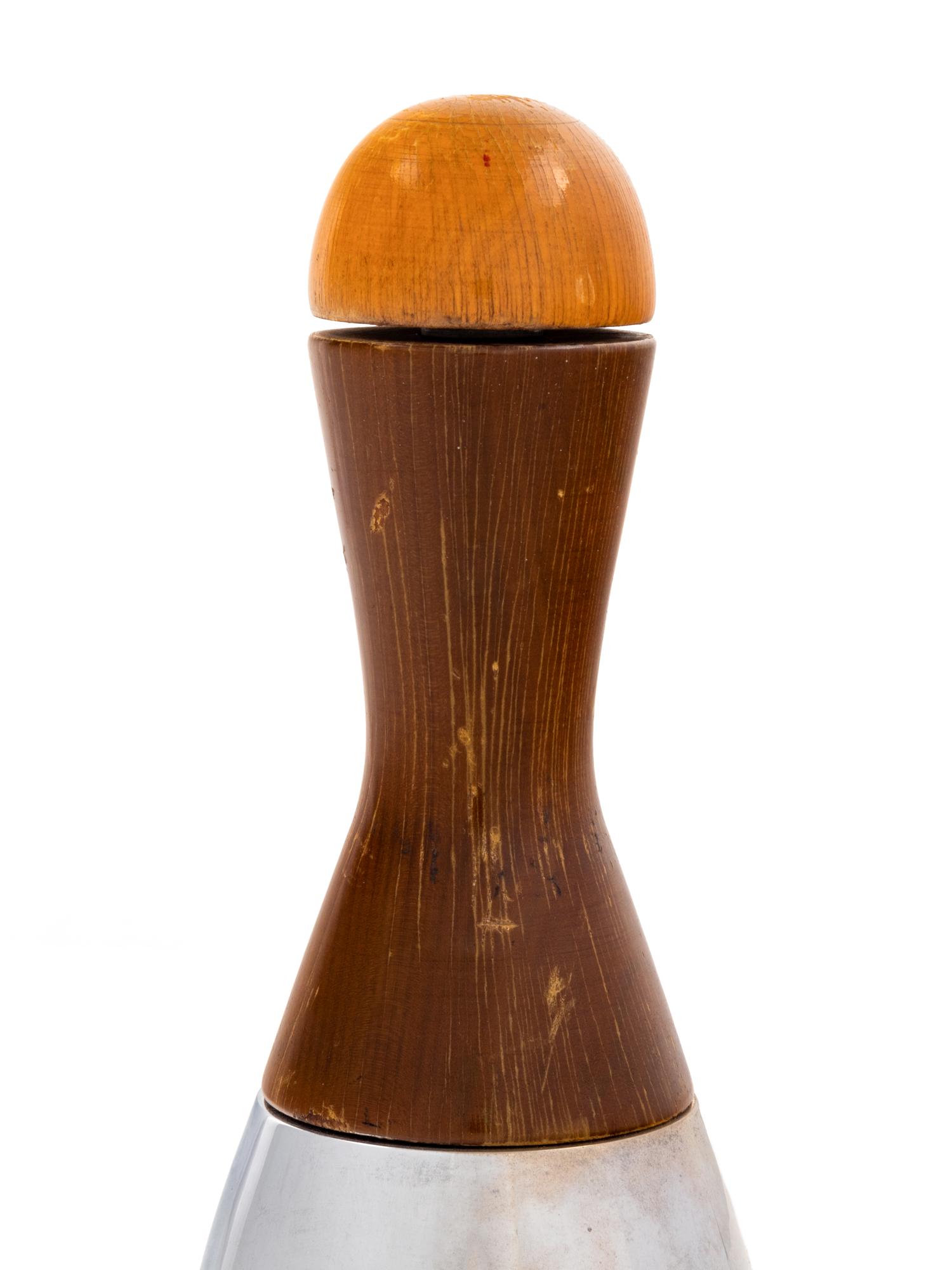 A Wood and Chromed Metal 'Bowling Pin' Cocktail Shaker