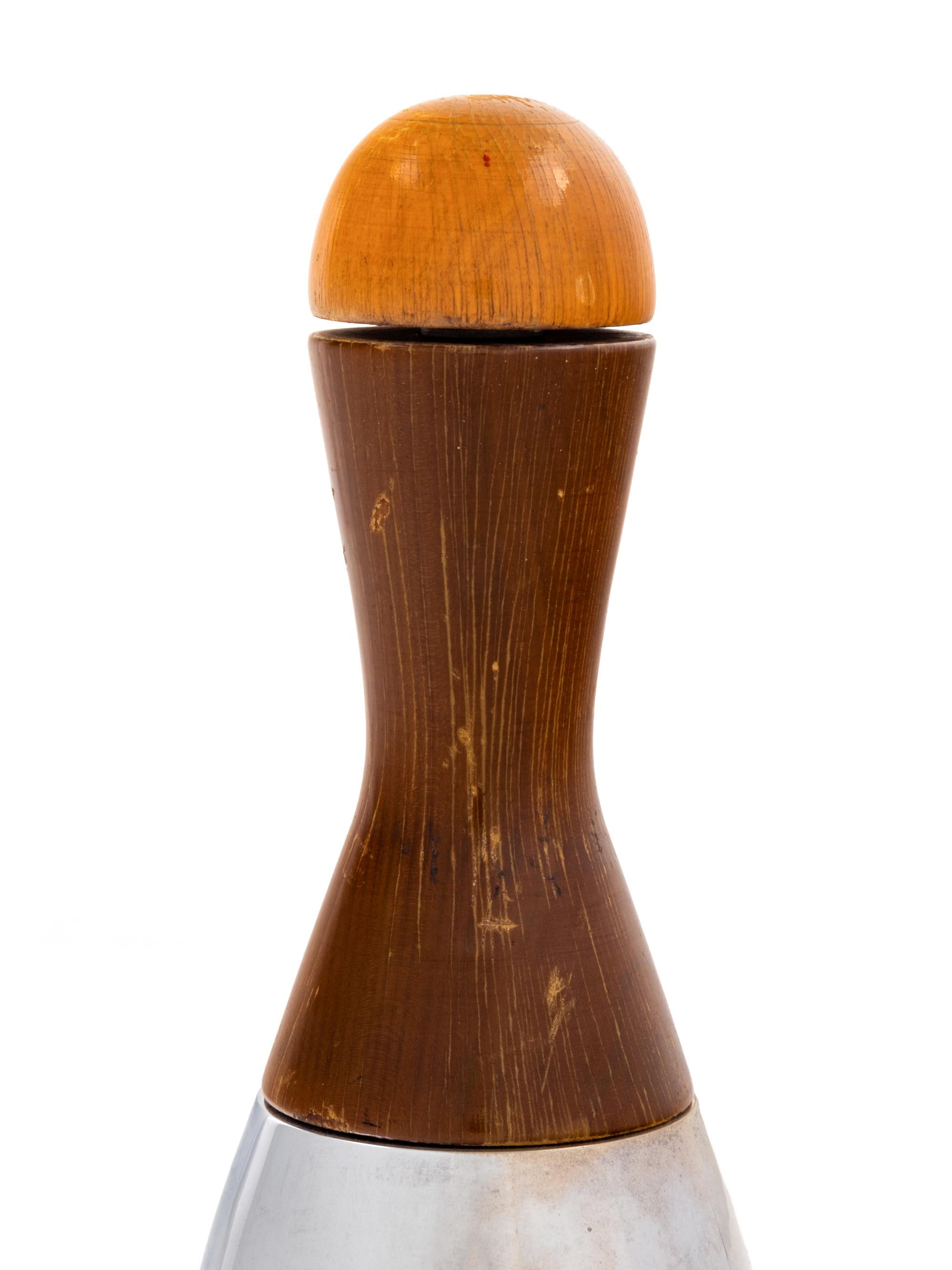 A Wood and Chromed Metal 'Bowling Pin' Cocktail Shaker