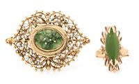 A Collection of 14 Karat Yellow Gold, Jadeite and Seed Pearl Jewelry, 8.80 dwts.