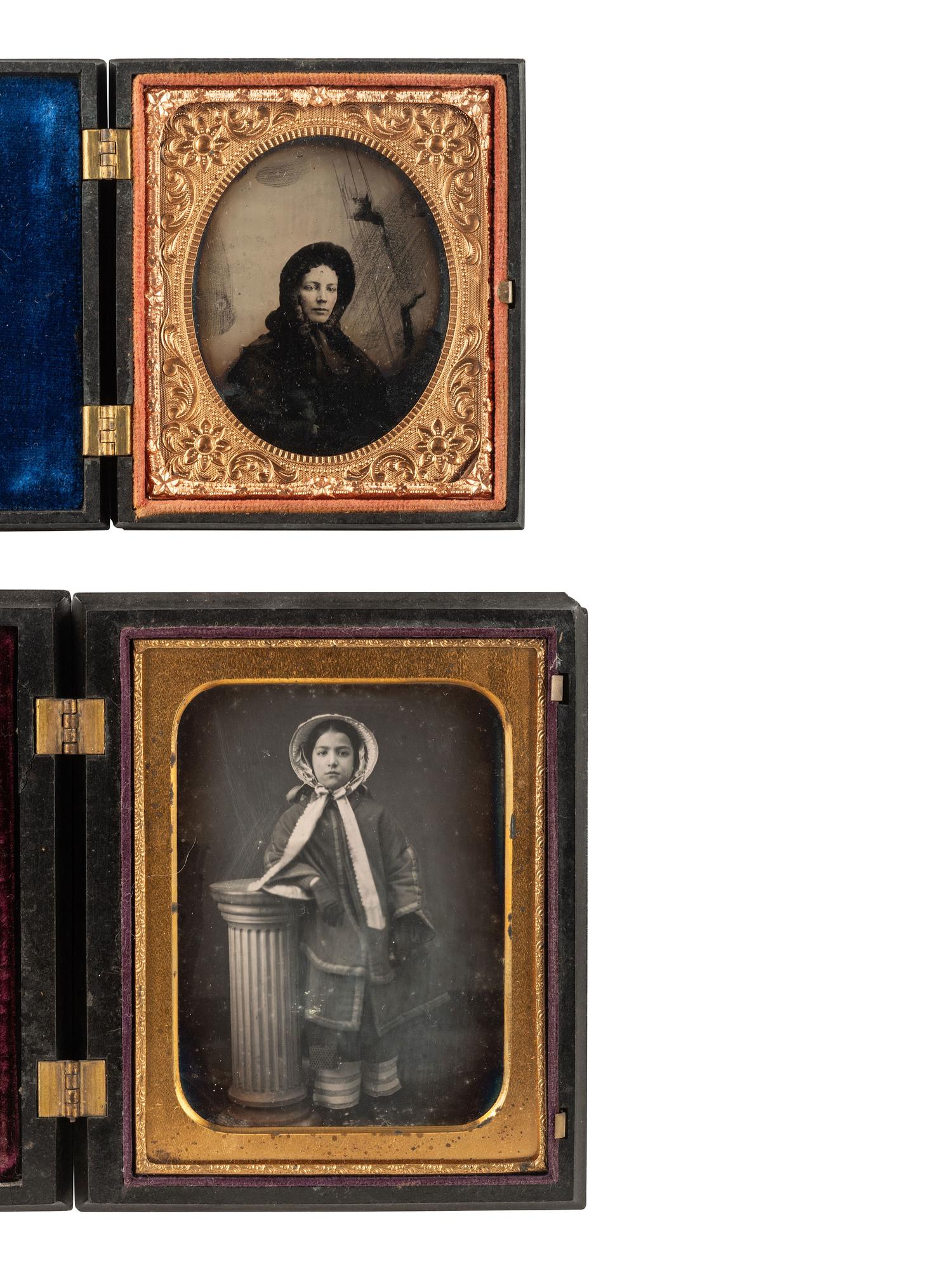 [EARLY PHOTOGRAPHY]. 2 portraits of young women wearing winter clothing, both housed in Union cases.