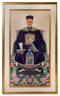 A Pair of Chinese Ancestor Portraits 63 1/2 x 33 1/4 inches (visible). — EARLY 20TH CENTURY