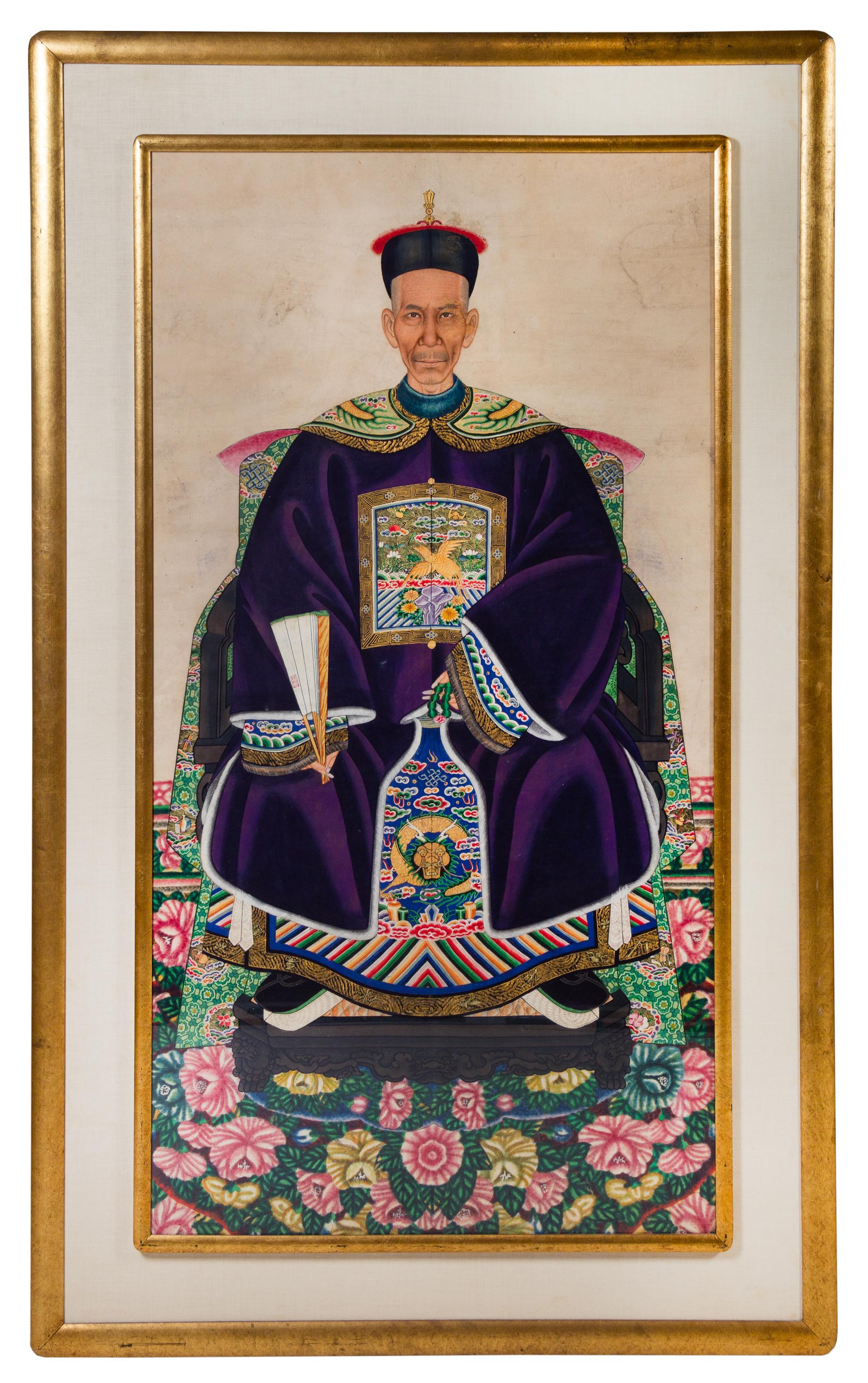 A Pair of Chinese Ancestor Portraits 63 1/2 x 33 1/4 inches (visible). — EARLY 20TH CENTURY