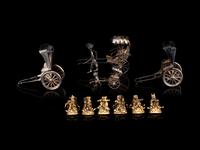 Four Chinese Miniature Silver Models of Rickshaws and A Set of Gilt Silver Hat Pins