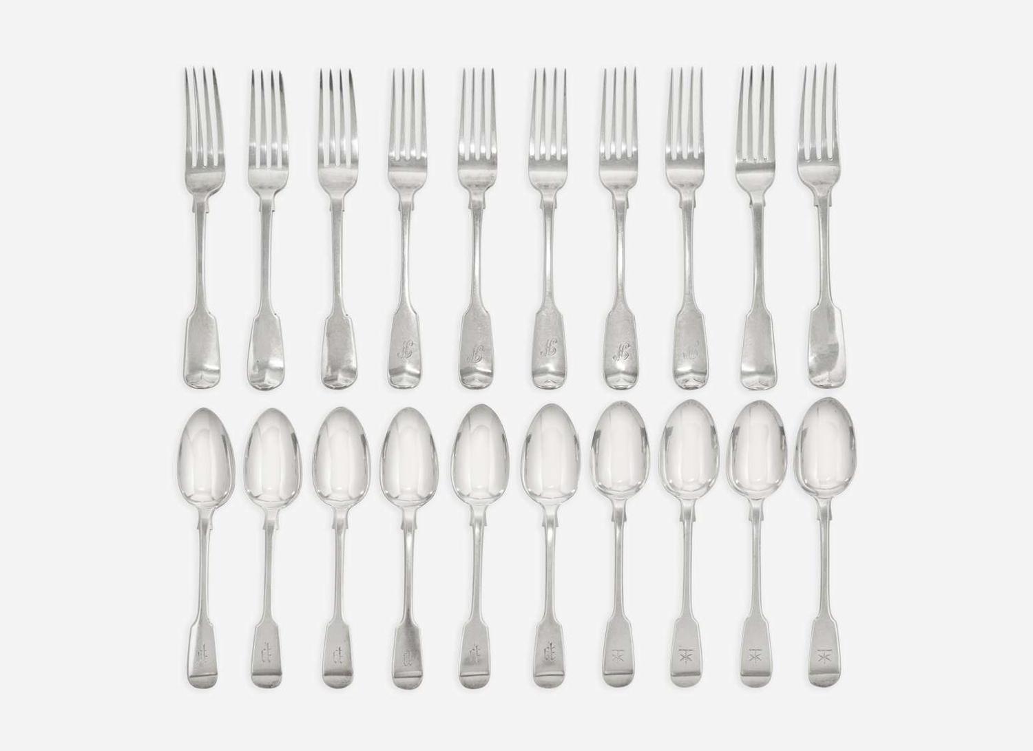 An assembled group of twenty George IV and Victorian sterling silver flatware, various makers, London and Chester, various dates ranging 1822-1893