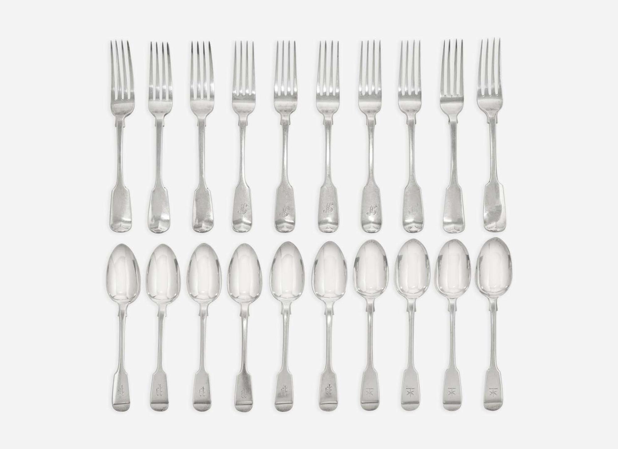 An assembled group of twenty George IV and Victorian sterling silver flatware, various makers, London and Chester, various dates ranging 1822-1893