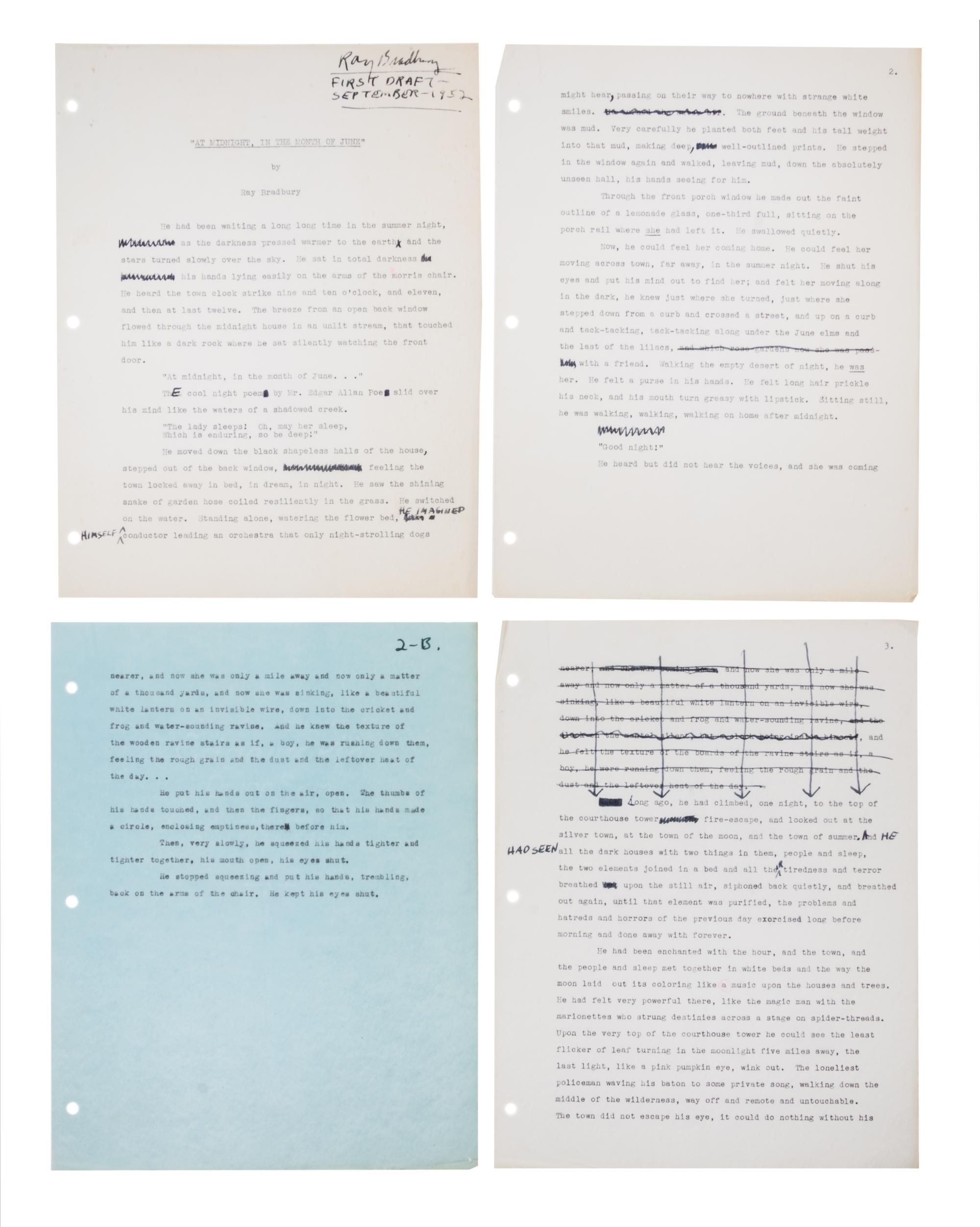 BRADBURY, RAY. At Midnight, in the Month of June, September 1952. Typescript with mss annotations