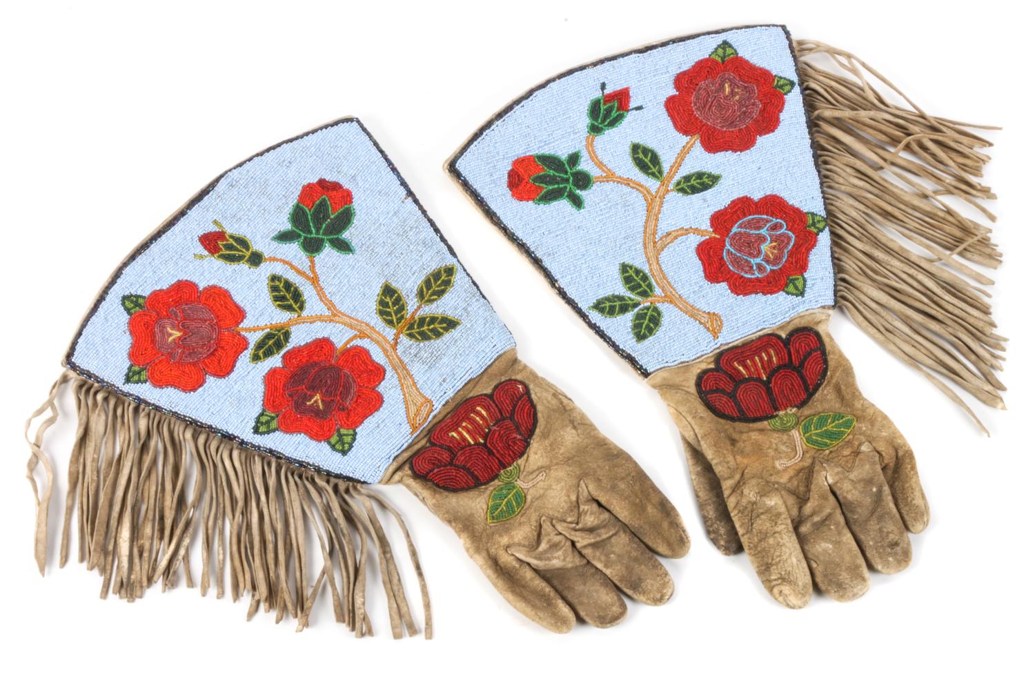Pair of Plateau Area Beaded Gauntlets Length 15 x width 7 inches — Early 20th Century