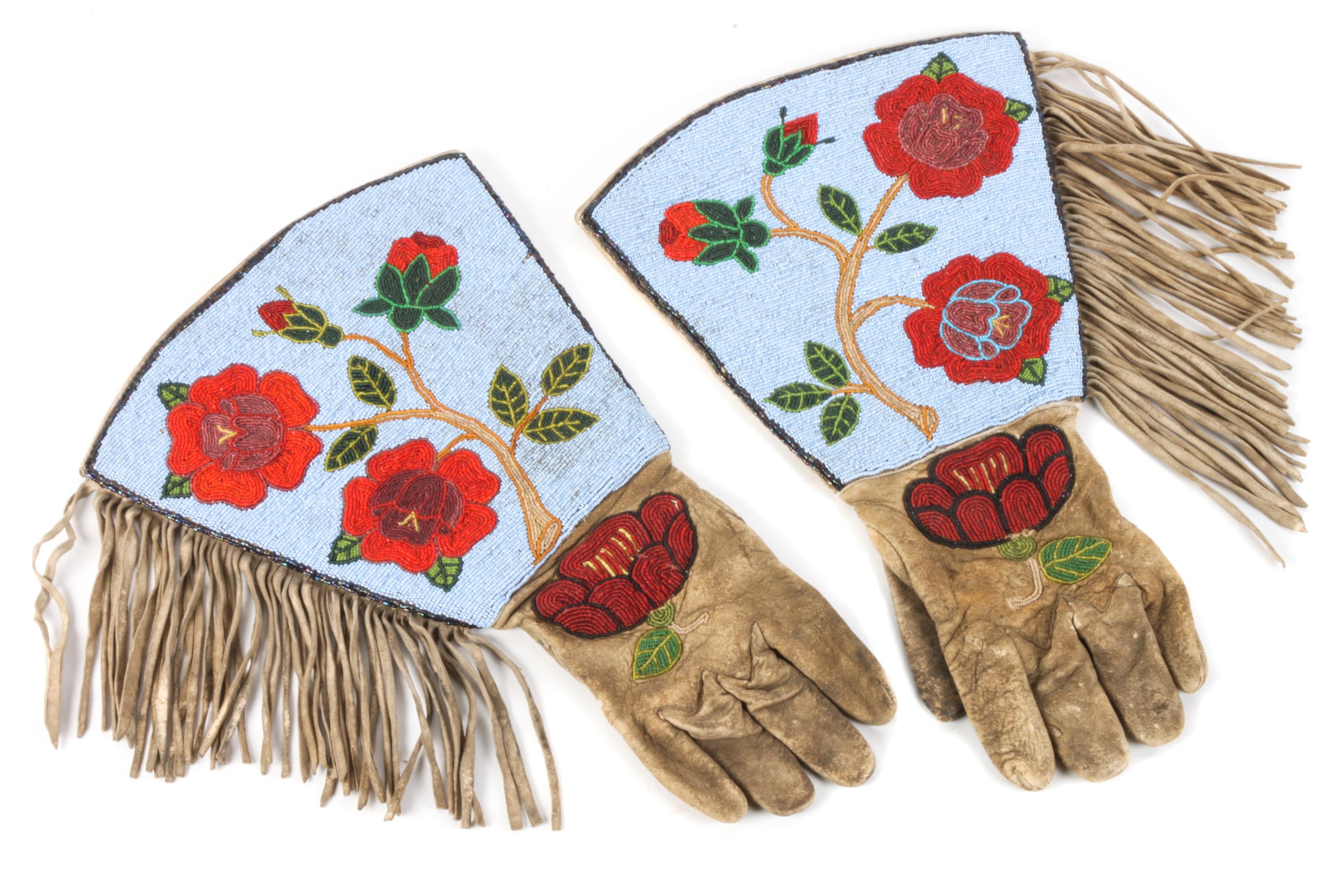 Pair of Plateau Area Beaded Gauntlets Length 15 x width 7 inches — Early 20th Century