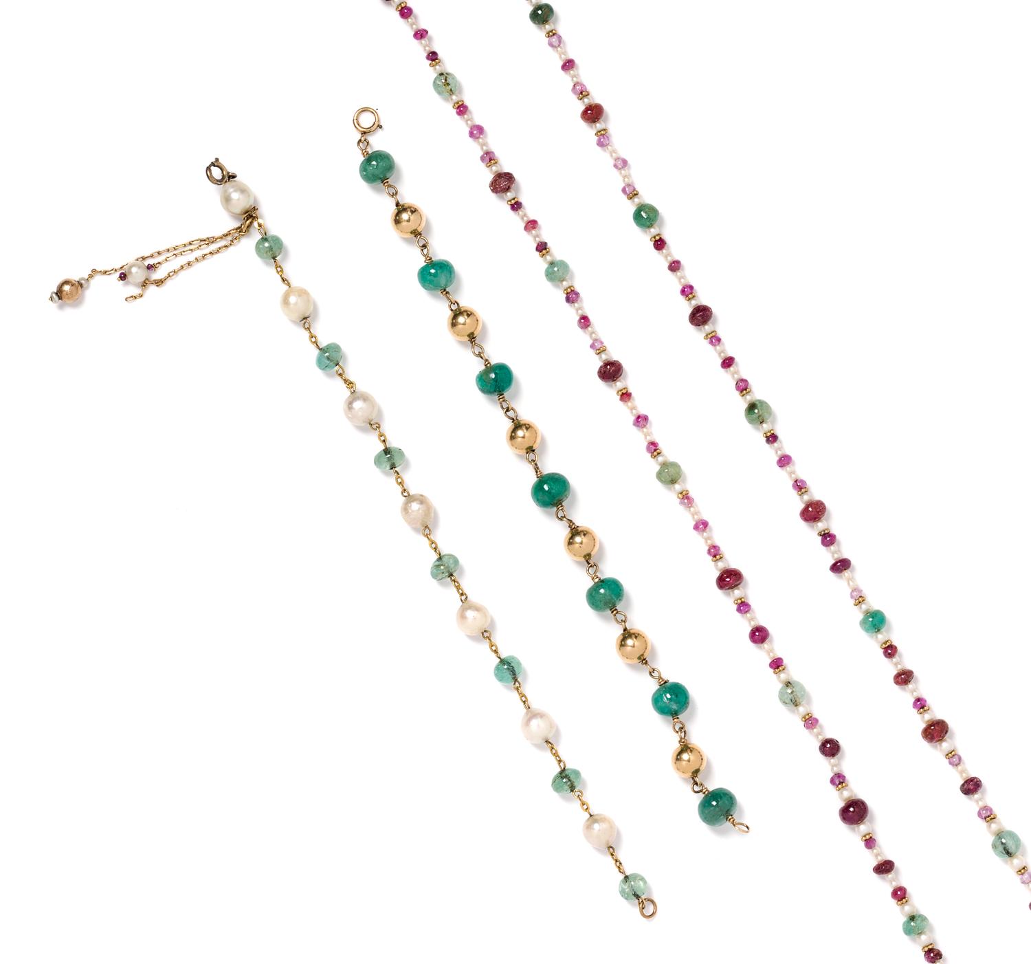 A Collection of Yellow Gold, Goldtone, Ruby, Emerald and Cultured Pearl Jewelry, 15.20 dwts.