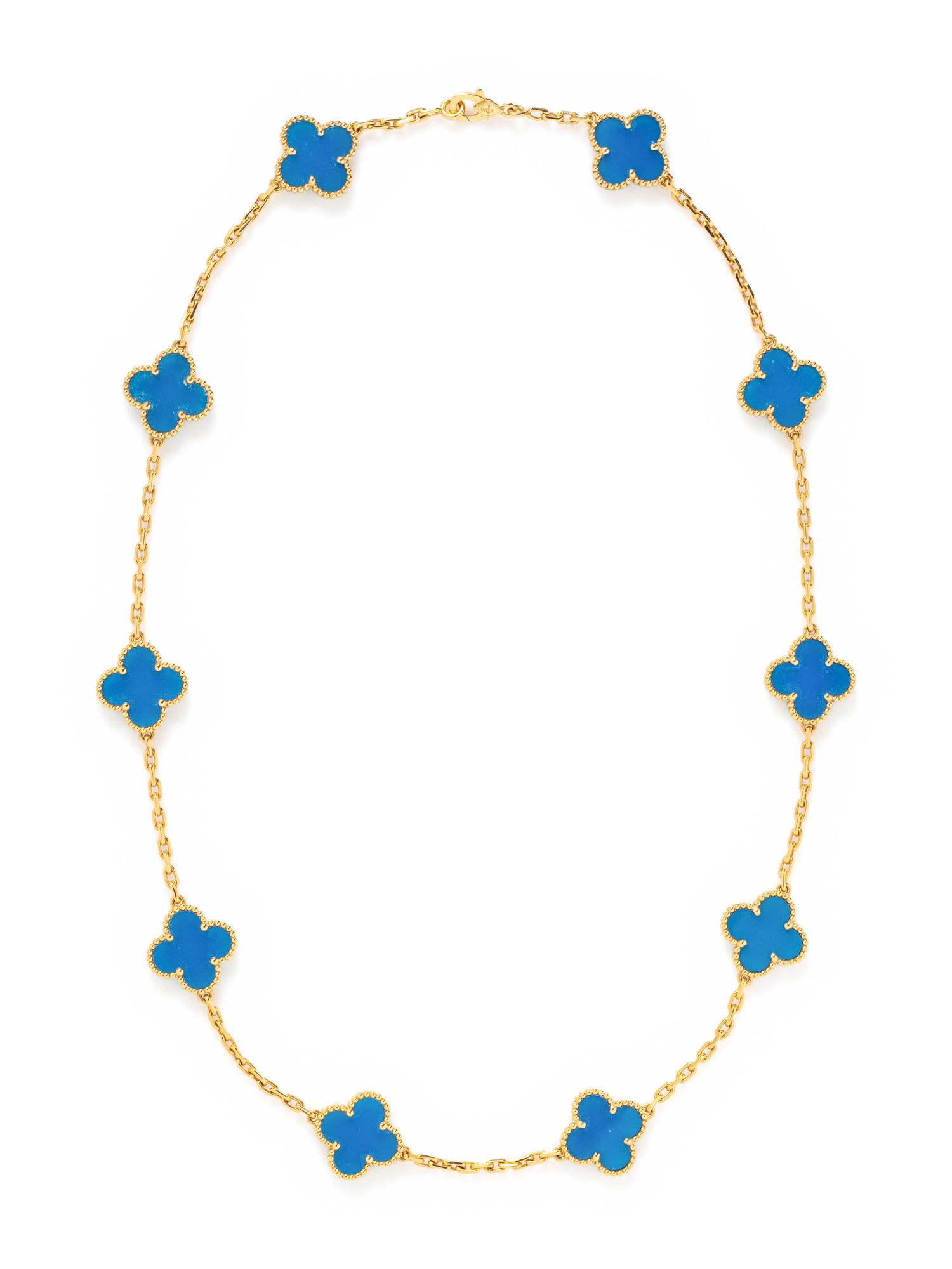 VAN CLEEF AND ARPELS, YELLOW GOLD AND BLUE AGATE 'VINTAGE ALHAMBRA' NECKLACE