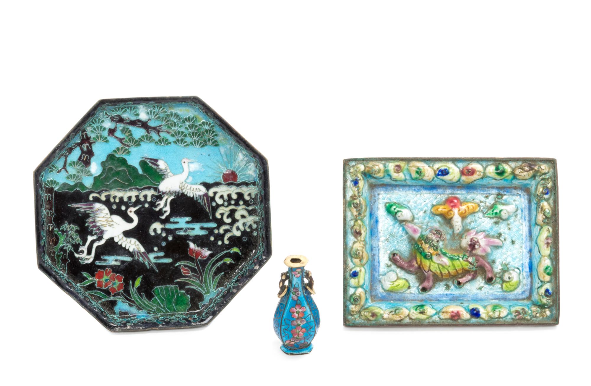 Three Chinese Enamel on Metal Articles Length of longest 4 inches. — LATE 19TH-EARLY 20TH CENTURY