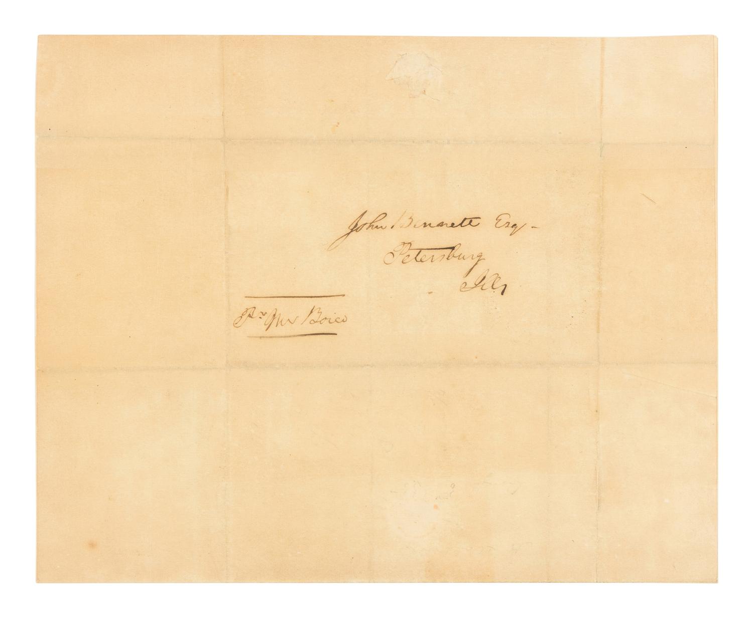 LINCOLN, Abraham (1809-1865). Autograph letter signed ("A. Lincoln") to John Bennett. Springfield, Illinois, 5 August 1837.