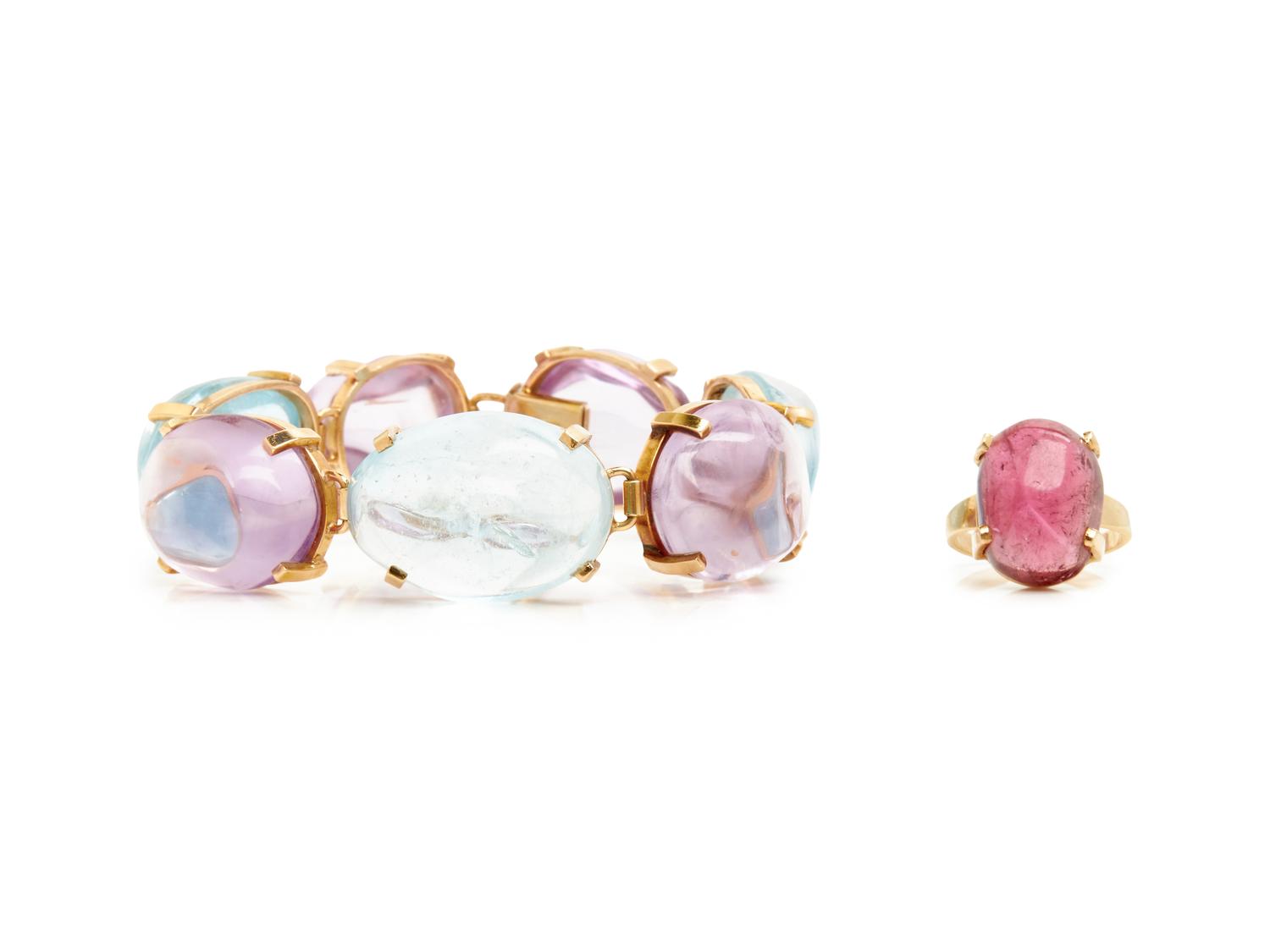 YELLOW GOLD AND MULTIGEM BRACELET AND RING