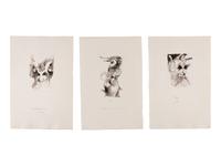 MOSER, Barry. 3 original pen & ink with wash and pencil drawings for Eight Wood Engravings on a Theme of Pan. [1980]. Each ca 285 x 195 mm. On watercolor paper. Each signed and captioned in pencil.