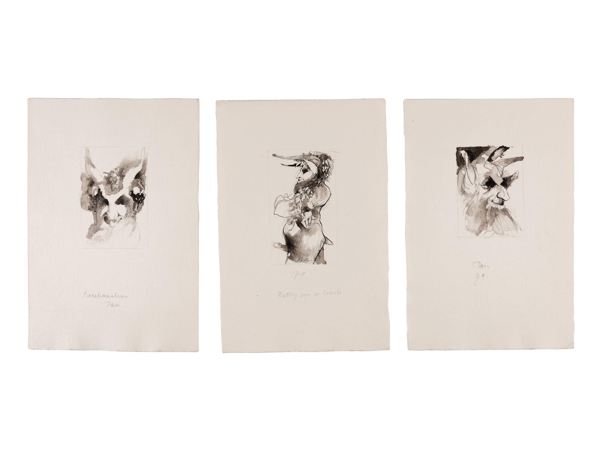 MOSER, Barry. 3 original pen & ink with wash and pencil drawings for Eight Wood Engravings on a Theme of Pan. [1980]. Each ca 285 x 195 mm. On watercolor paper. Each signed and captioned in pencil.