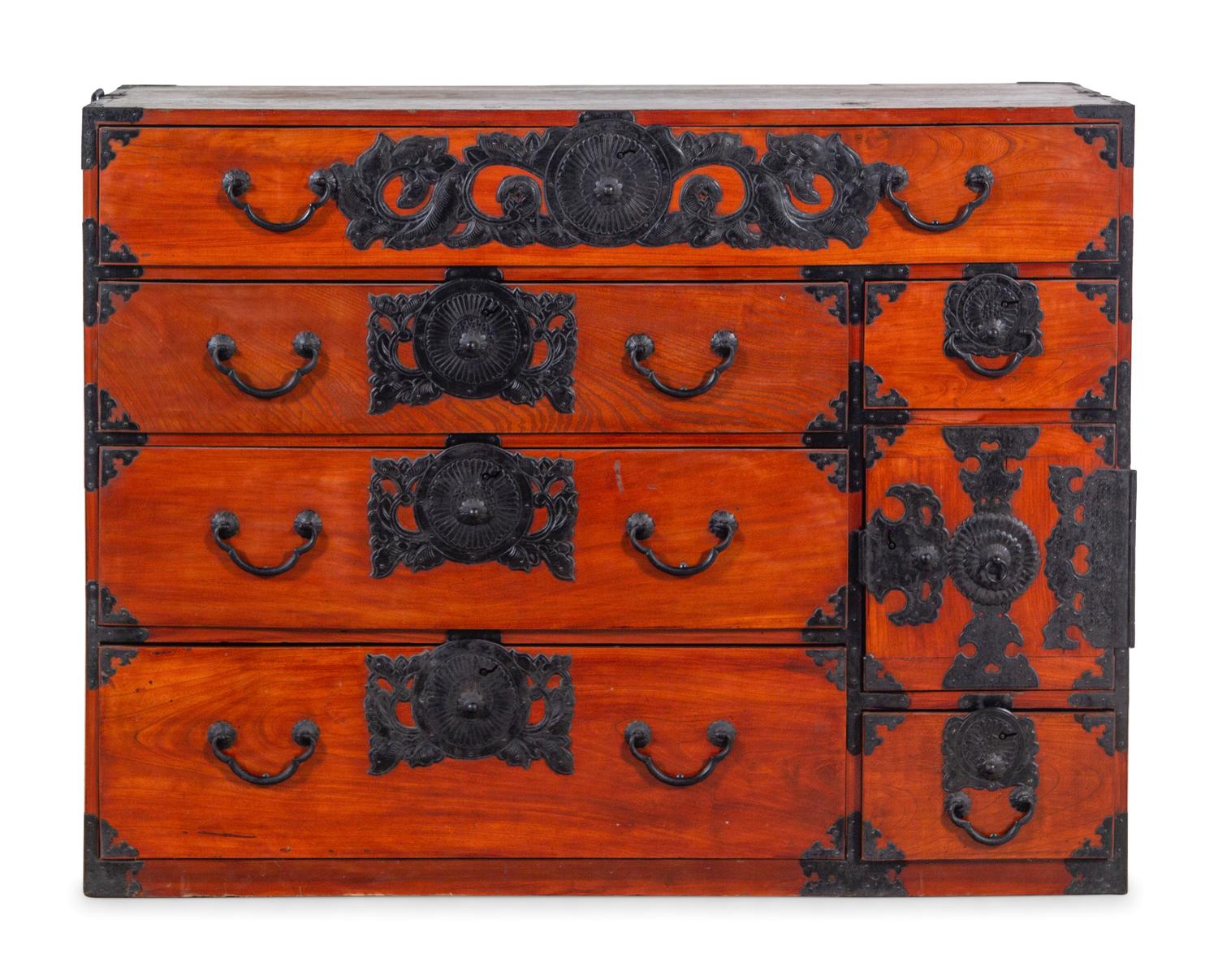 A Japanese Metal Mounted Elm Sendai Chest
