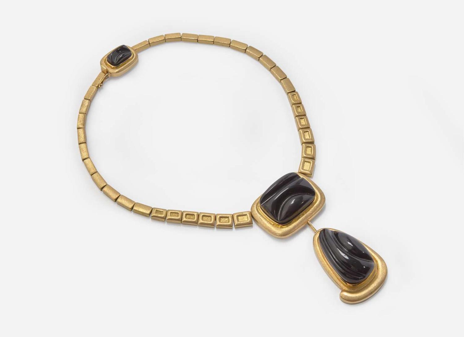 A Set of Matching Haroldo Burle Marx 18K Yellow Gold and Black Tourmaline Necklace and Ear Clips