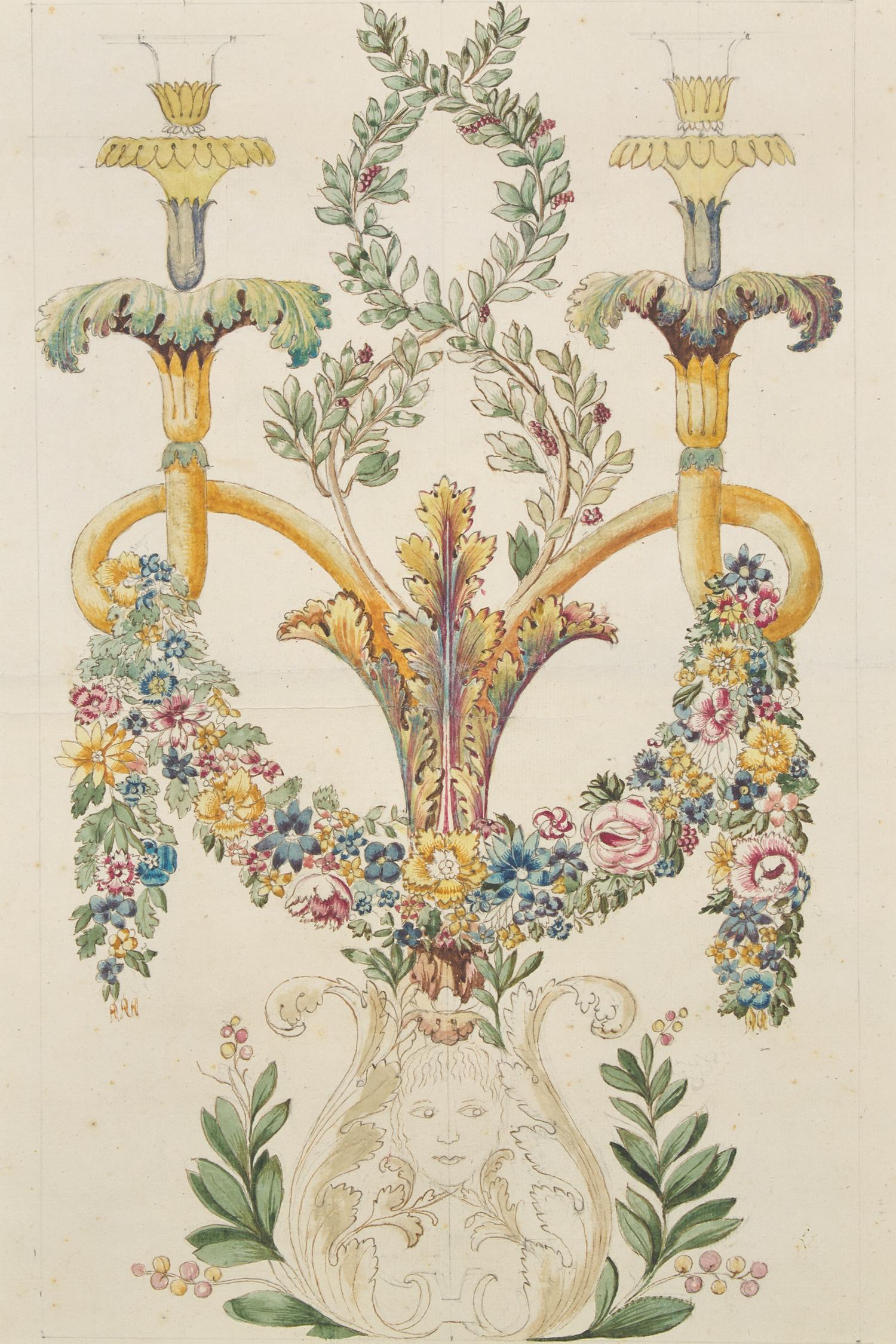 Design for a Candelabrum decorated with acanthus leaves, berries, and a garland of flowers