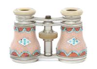 A Pair of French Enameled and Mother-of-Pearl Inset Opera Glasses, Width 4 1/8 inches.
