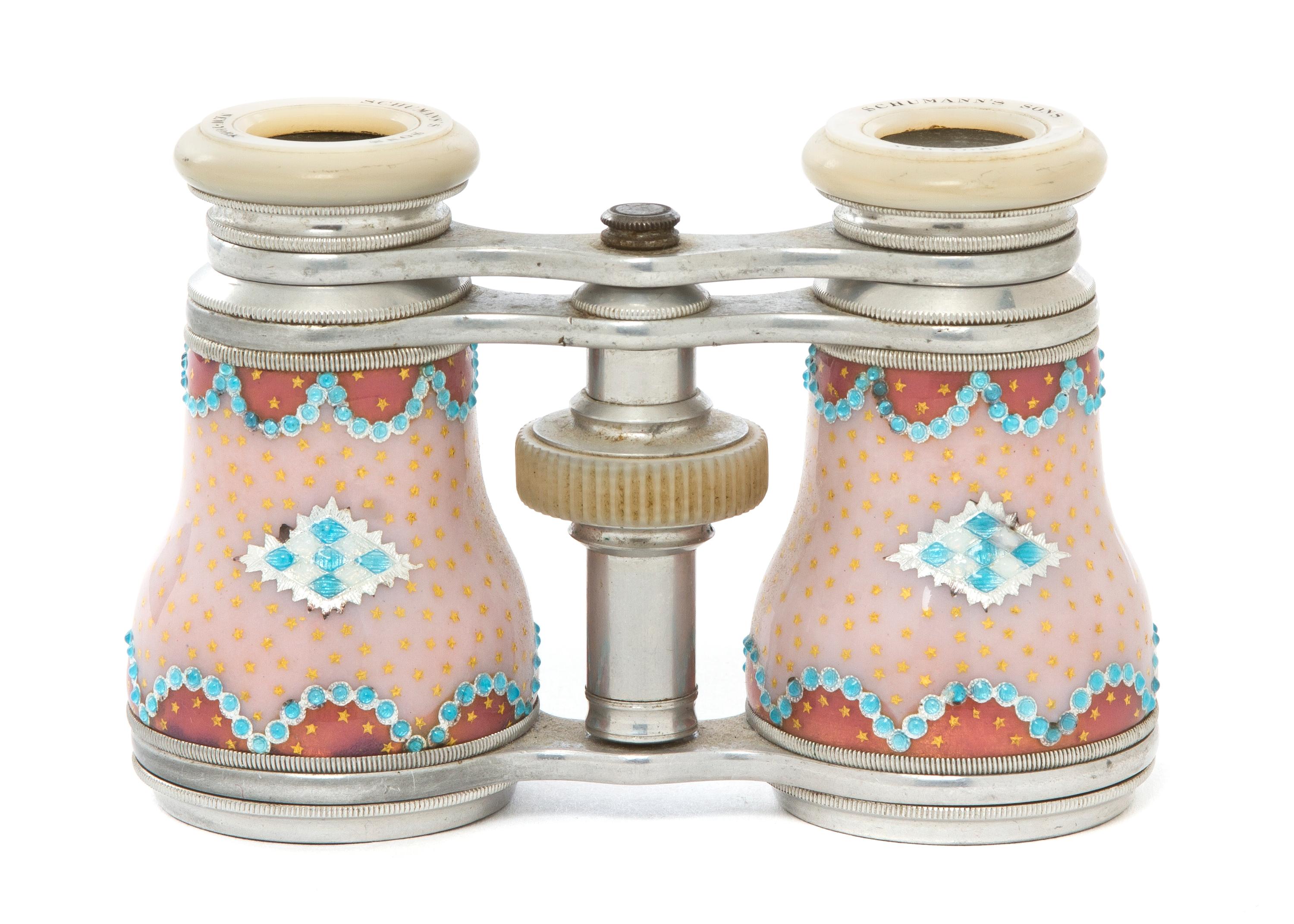 A Pair of French Enameled and Mother-of-Pearl Inset Opera Glasses, Width 4 1/8 inches.