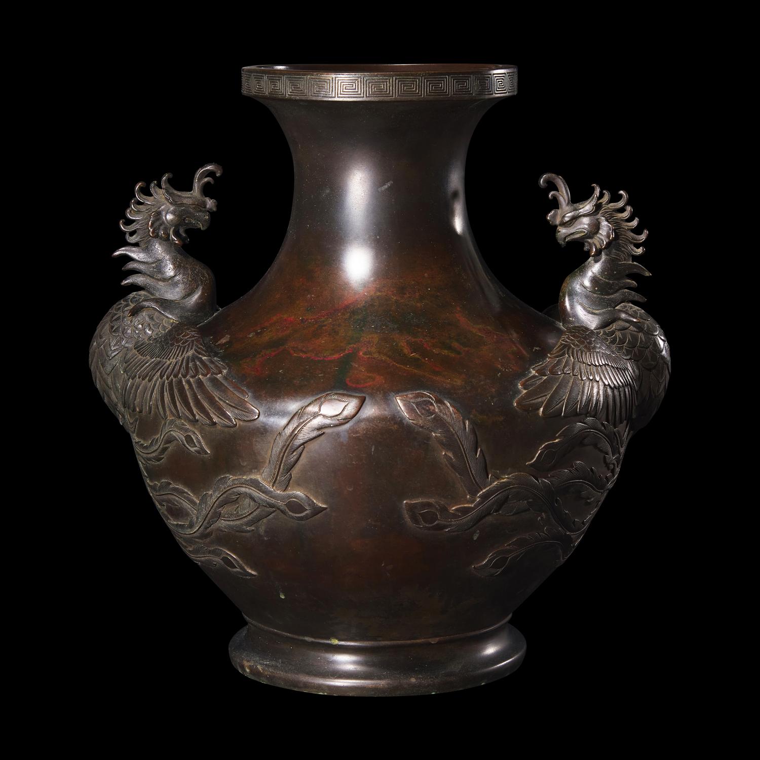 A Large Japanese Patinated Bronze 'Phoenix' Vase, Meiji/ Taisho Period 日本明治/大正 古銅雙鳳尊