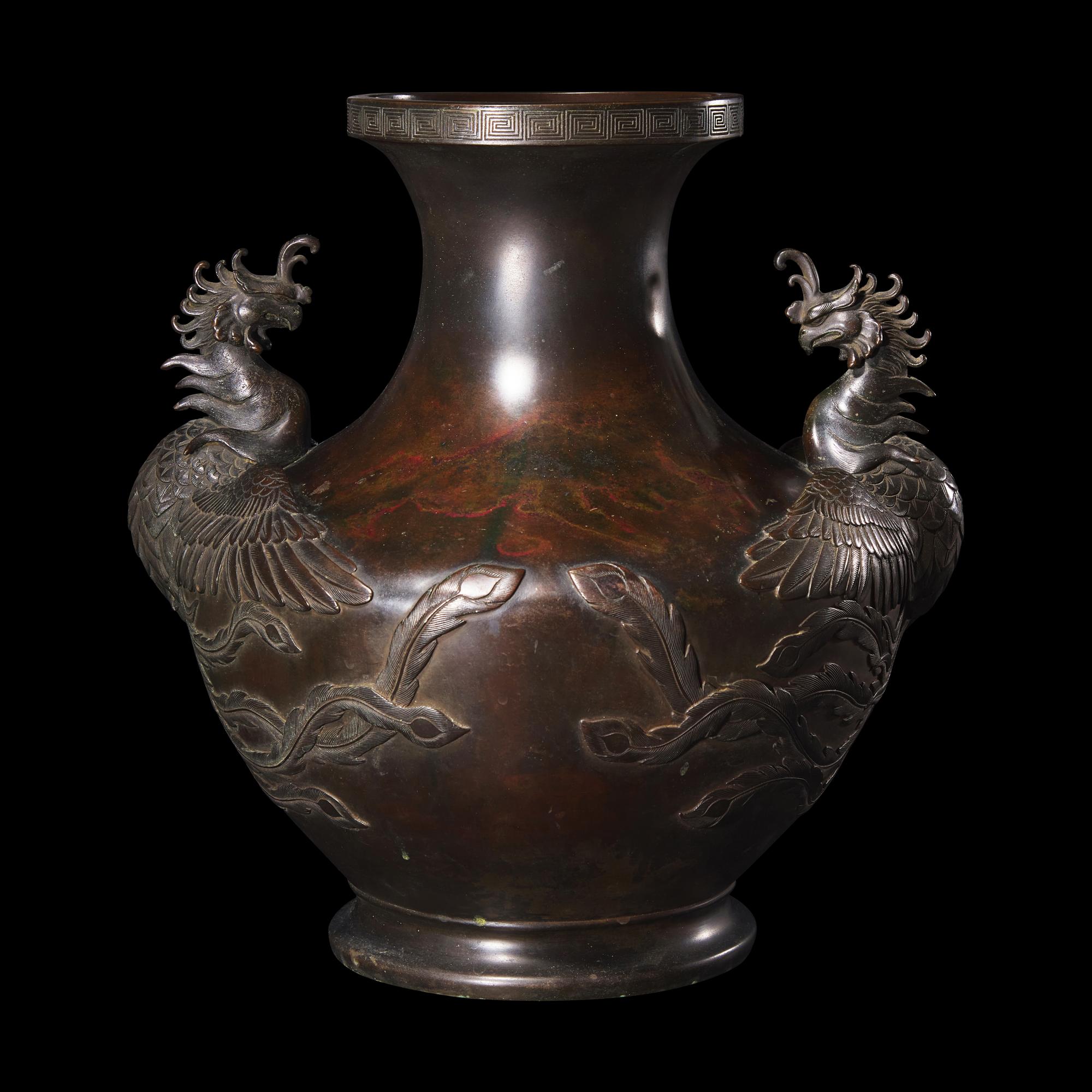 A Large Japanese Patinated Bronze 'Phoenix' Vase, Meiji/ Taisho Period 日本明治/大正 古銅雙鳳尊