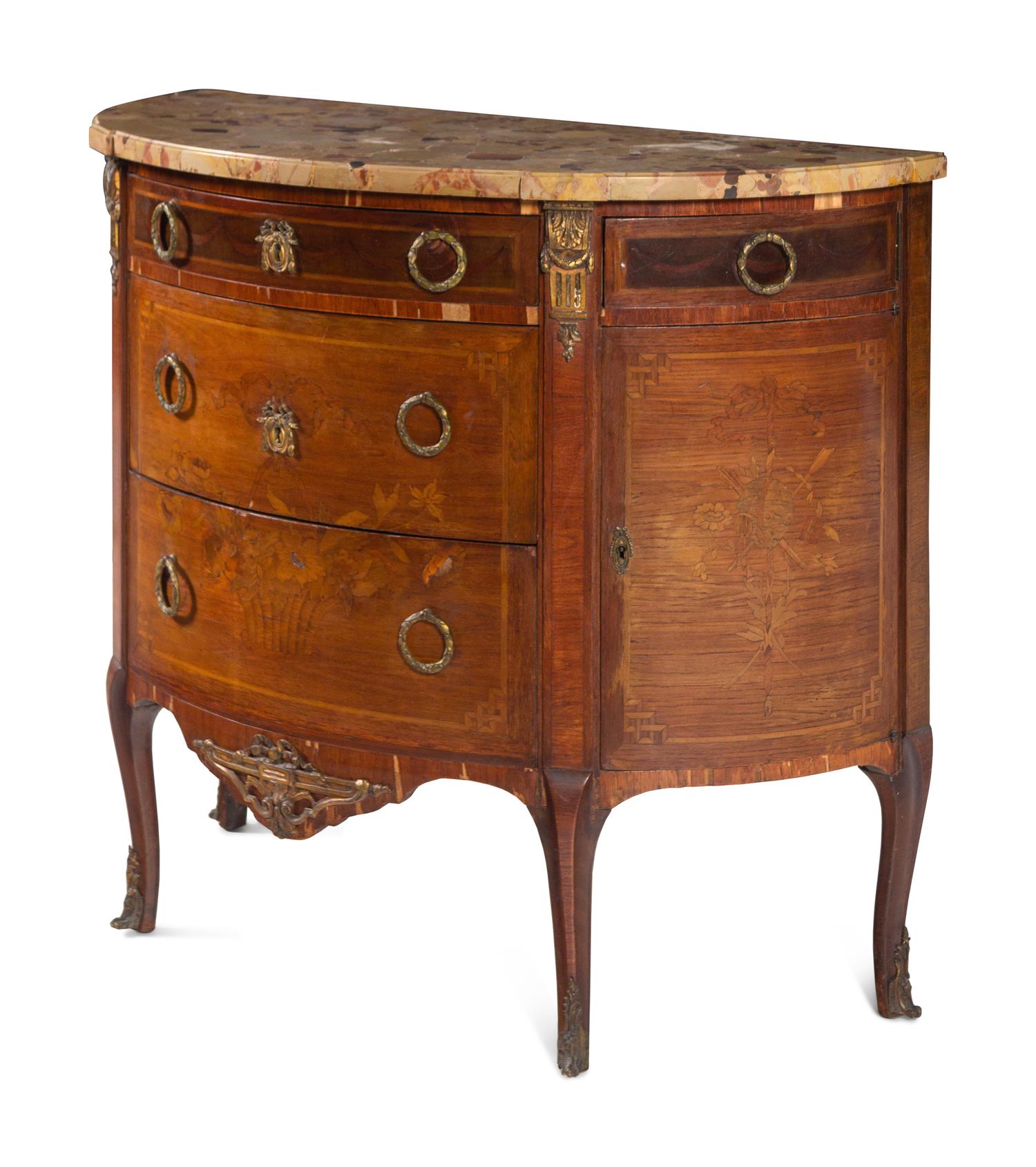 A Louis XV/XVI Transitional Style Marquetry Marble-Top Commode