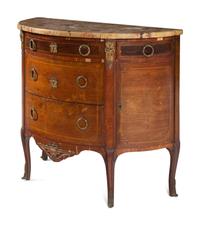 A Louis XV/XVI Transitional Style Marquetry Marble-Top Commode