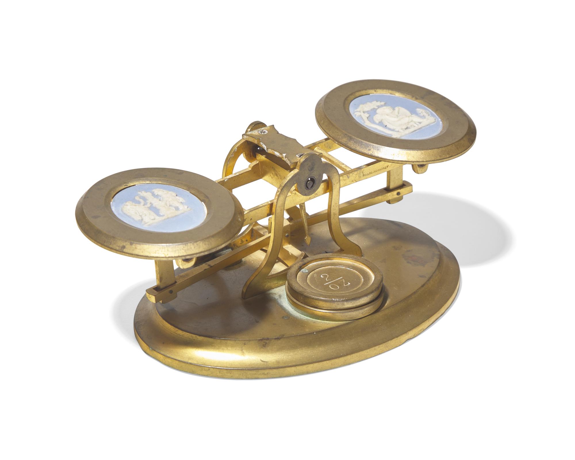 A Brass Balance Scale With Inset Wedgwood Jasperware Plaques