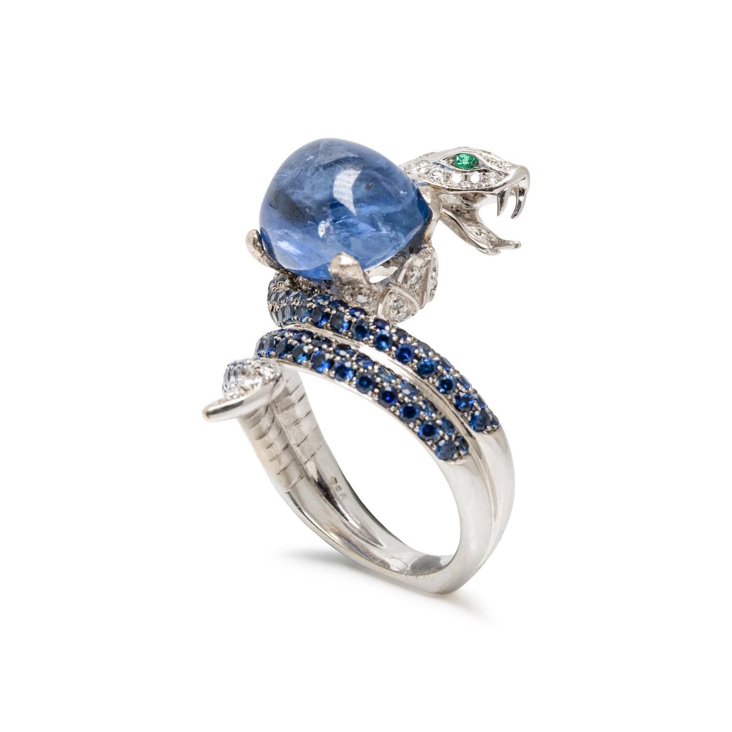 SAPPHIRE, DIAMOND, AND WHITE GOLD SNAKE RING