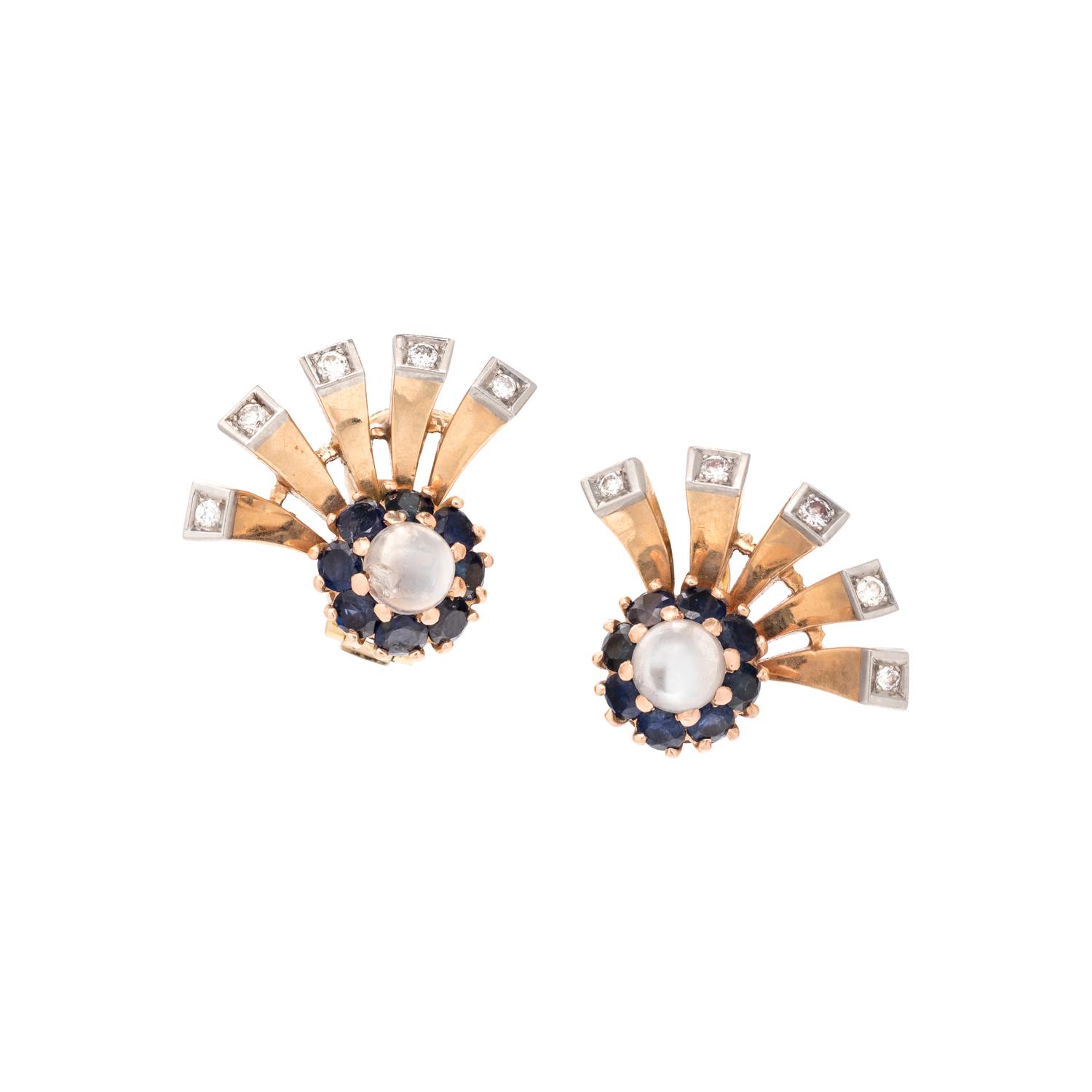 RETRO, YELLOW GOLD, MOONSTONE, SAPPHIRE AND DIAMOND EARCLIPS