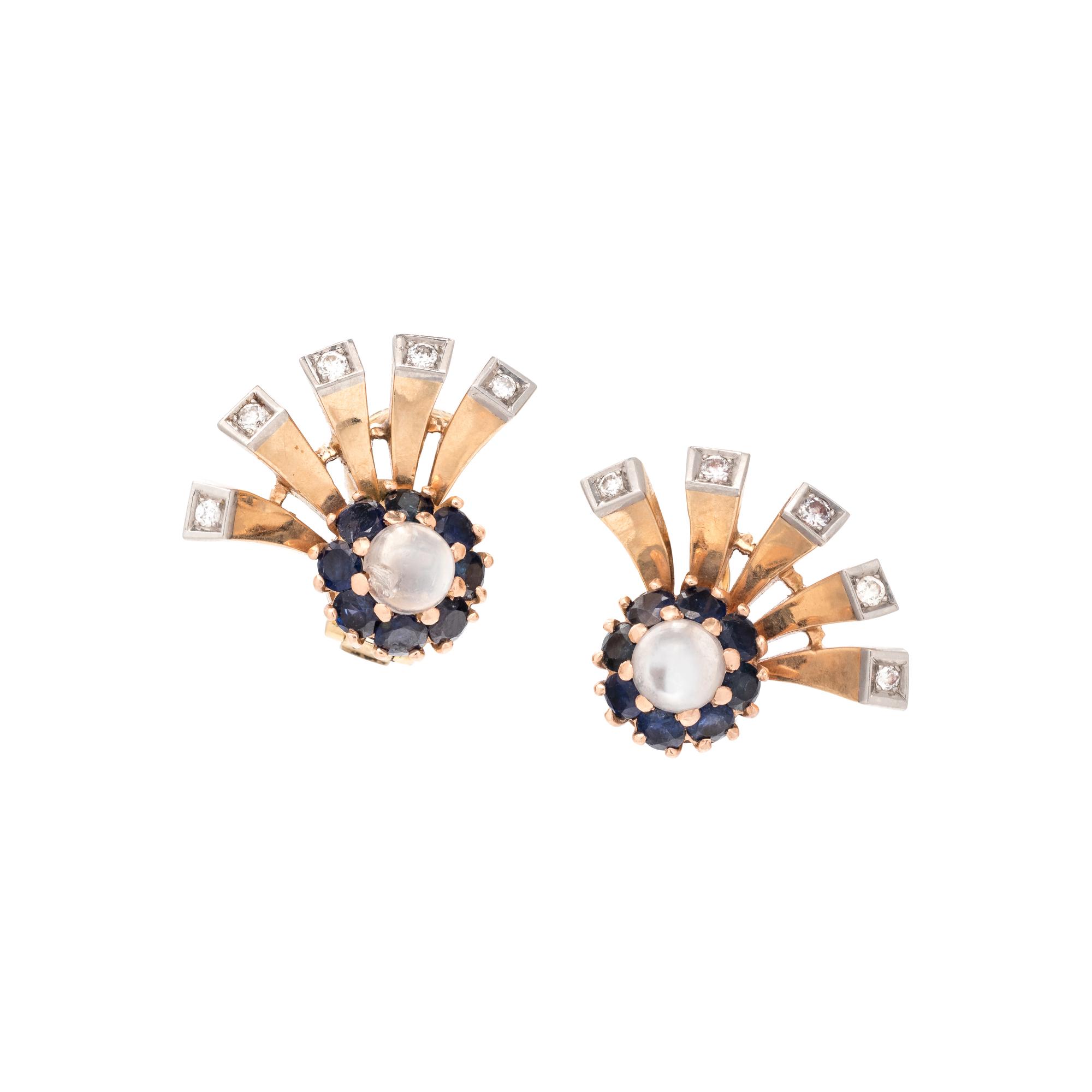 RETRO, YELLOW GOLD, MOONSTONE, SAPPHIRE AND DIAMOND EARCLIPS
