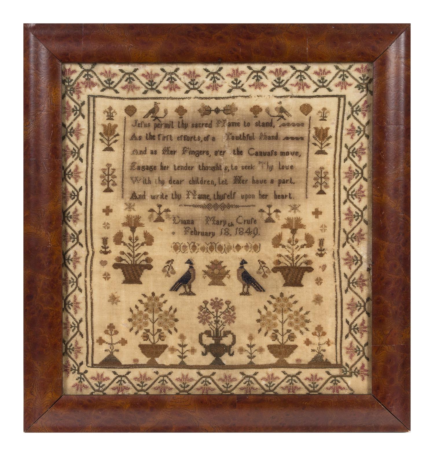 An English Needlepoint Sampler Frame: 16 1/2 x 15 1/2 inches. — DIANA MARY CRUSE, DATED FEBRUARY 18, 1849