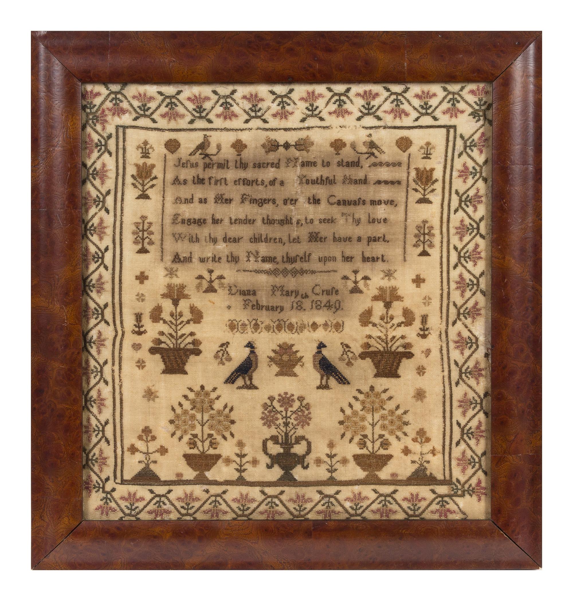 An English Needlepoint Sampler Frame: 16 1/2 x 15 1/2 inches. — DIANA MARY CRUSE, DATED FEBRUARY 18, 1849