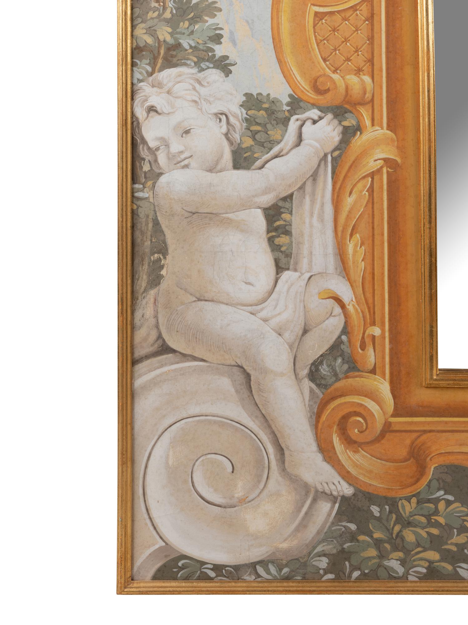 A Pair of Continental Painted Canvas and Parcel Gilt Pier Mirrors
