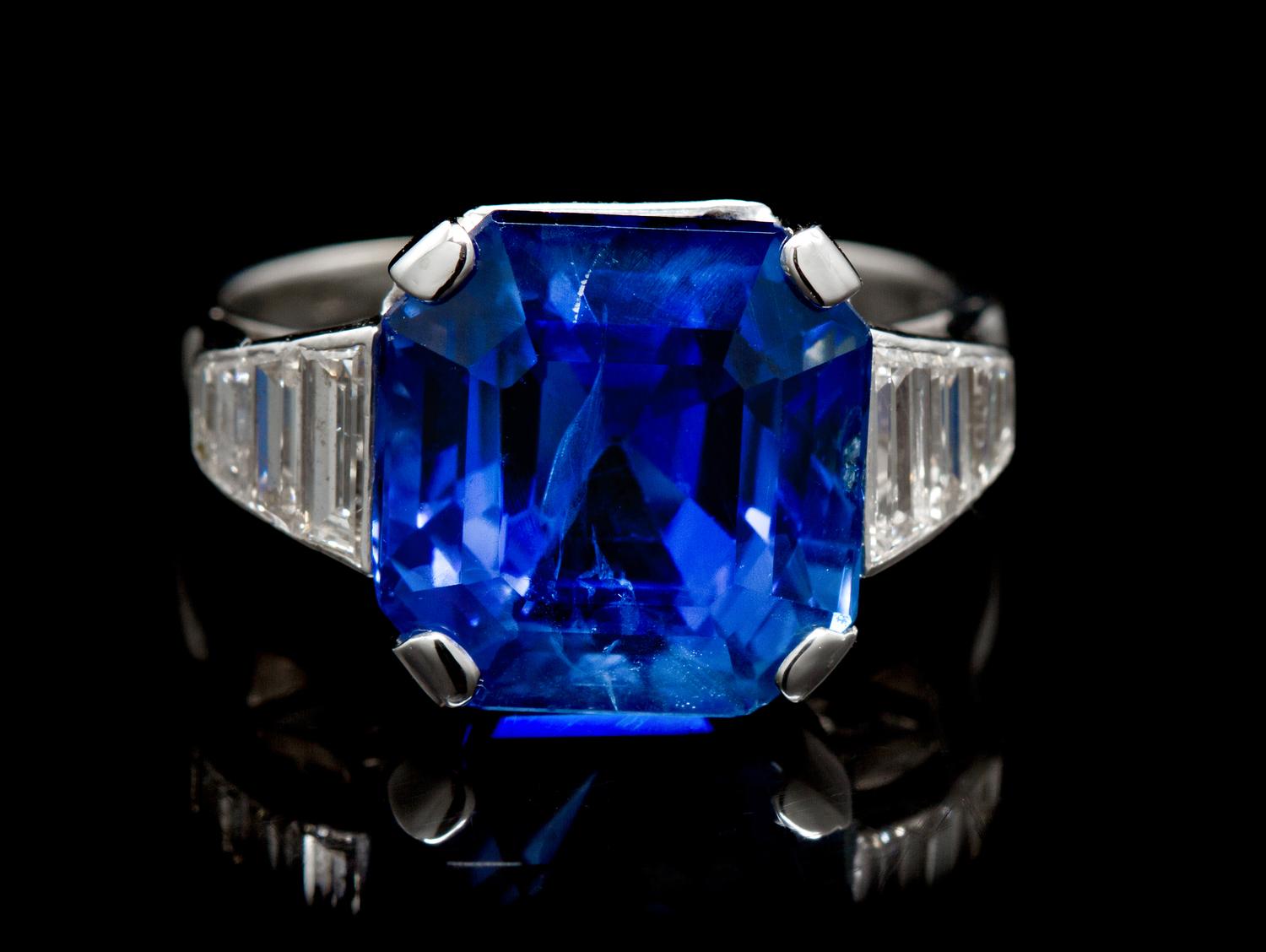 An Art Deco Platinum, Sapphire and Diamond Ring, French, 4.90 dwts.