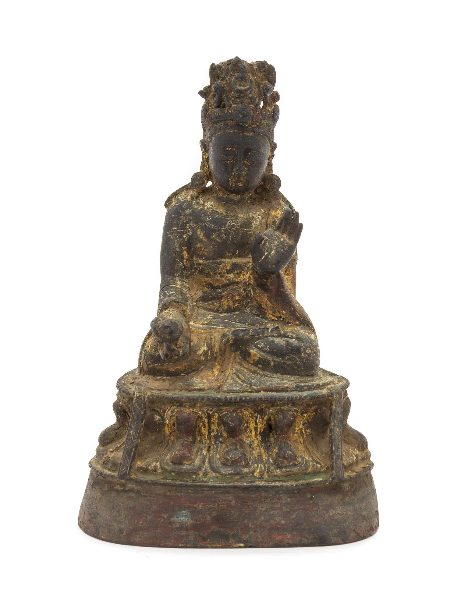 A Chinese Gilt Bronze Figure of Seated Guanyin YUAN/MING DYNASTY Height 6 1/4 inches. — YUAN/MING DYNASTY
