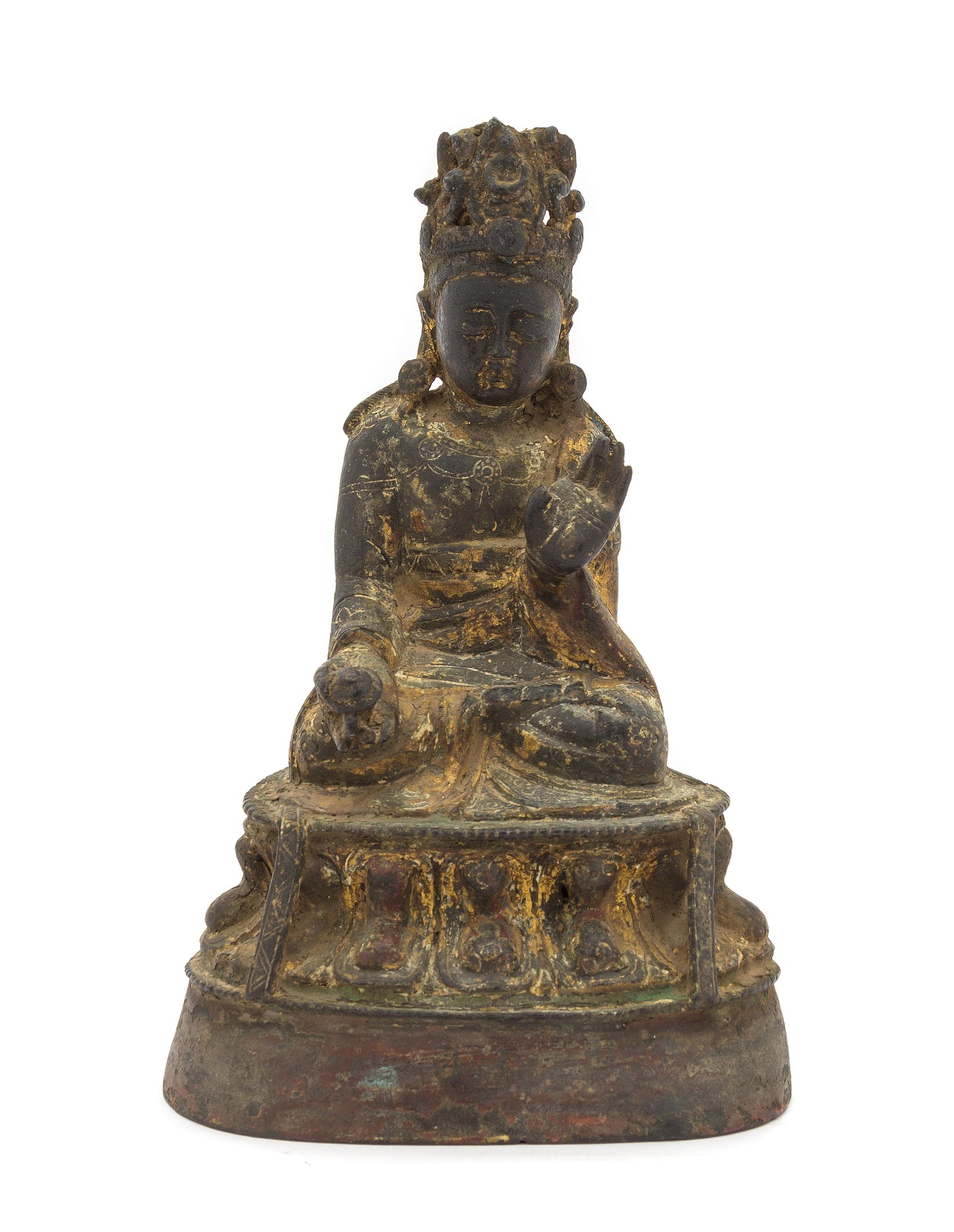 A Chinese Gilt Bronze Figure of Seated Guanyin YUAN/MING DYNASTY Height 6 1/4 inches. — YUAN/MING DYNASTY