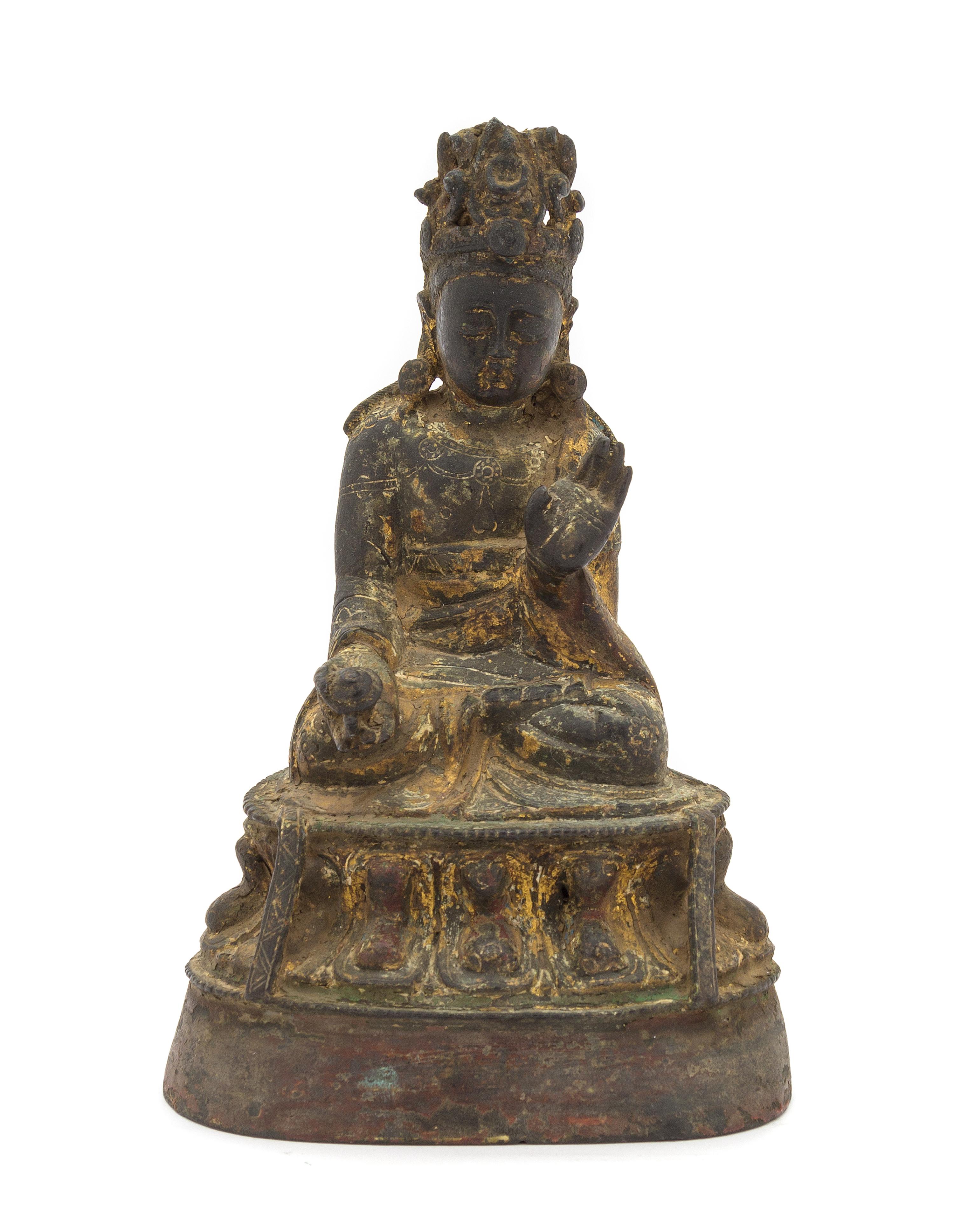 A Chinese Gilt Bronze Figure of Seated Guanyin YUAN/MING DYNASTY Height 6 1/4 inches. — YUAN/MING DYNASTY