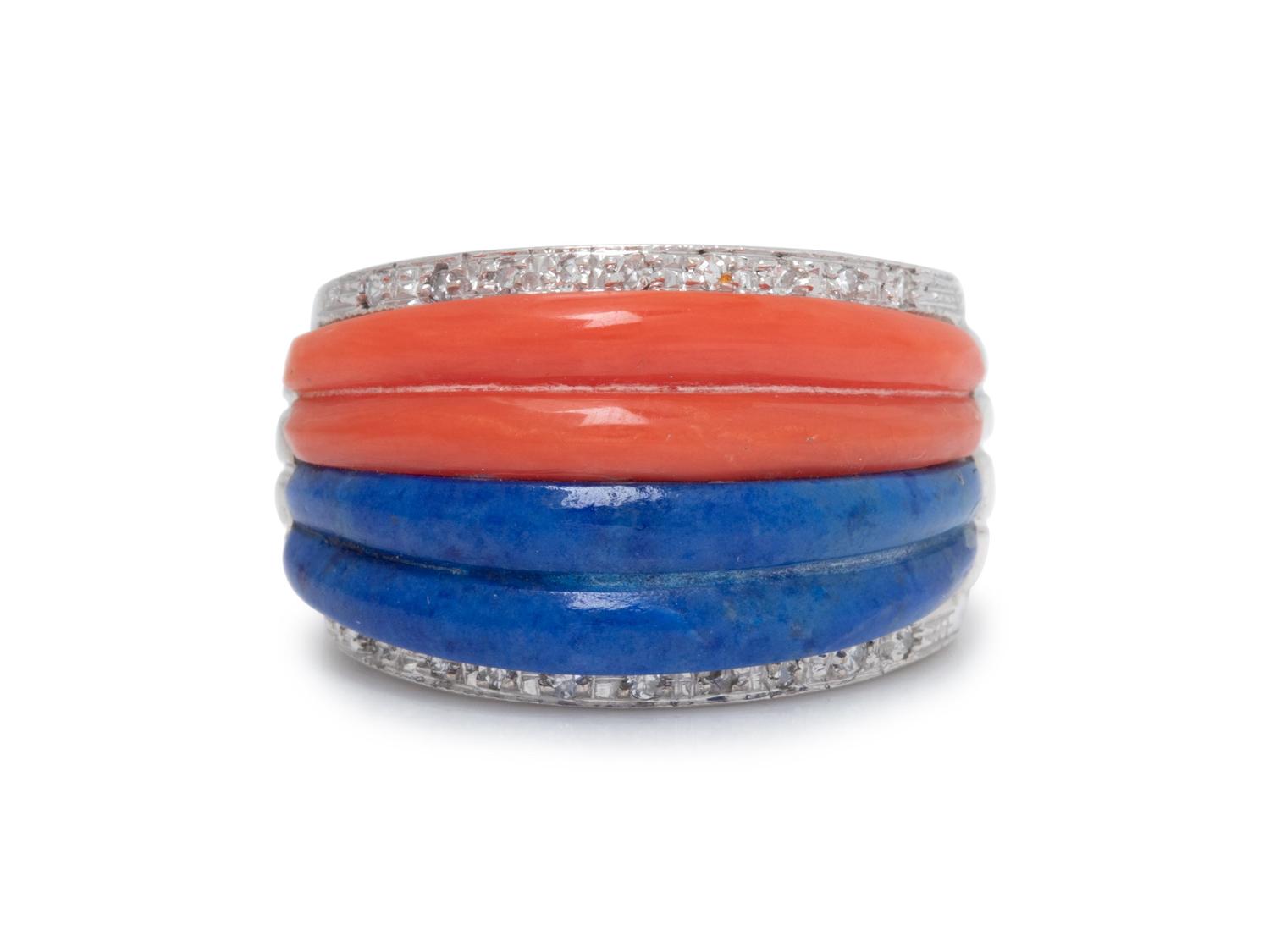 CORAL, LAPIS LAZULI AND DIAMOND RING
