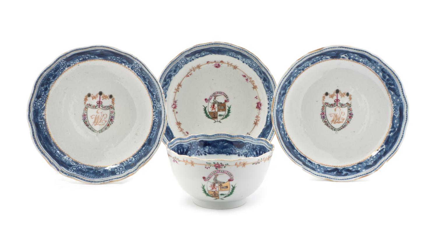 Four Chinese Export Porcelain Articles, Diameter of saucer 6 1/4 inches.