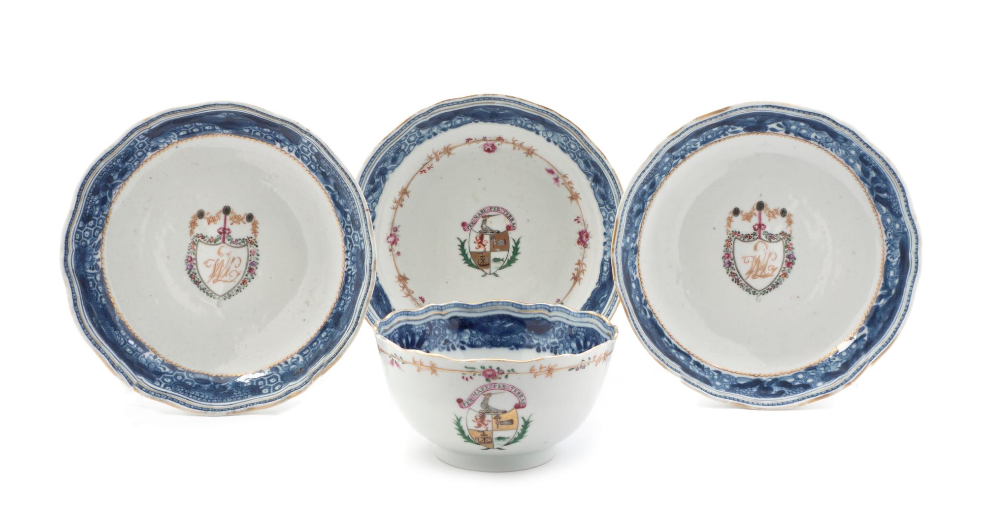 Four Chinese Export Porcelain Articles, Diameter of saucer 6 1/4 inches.