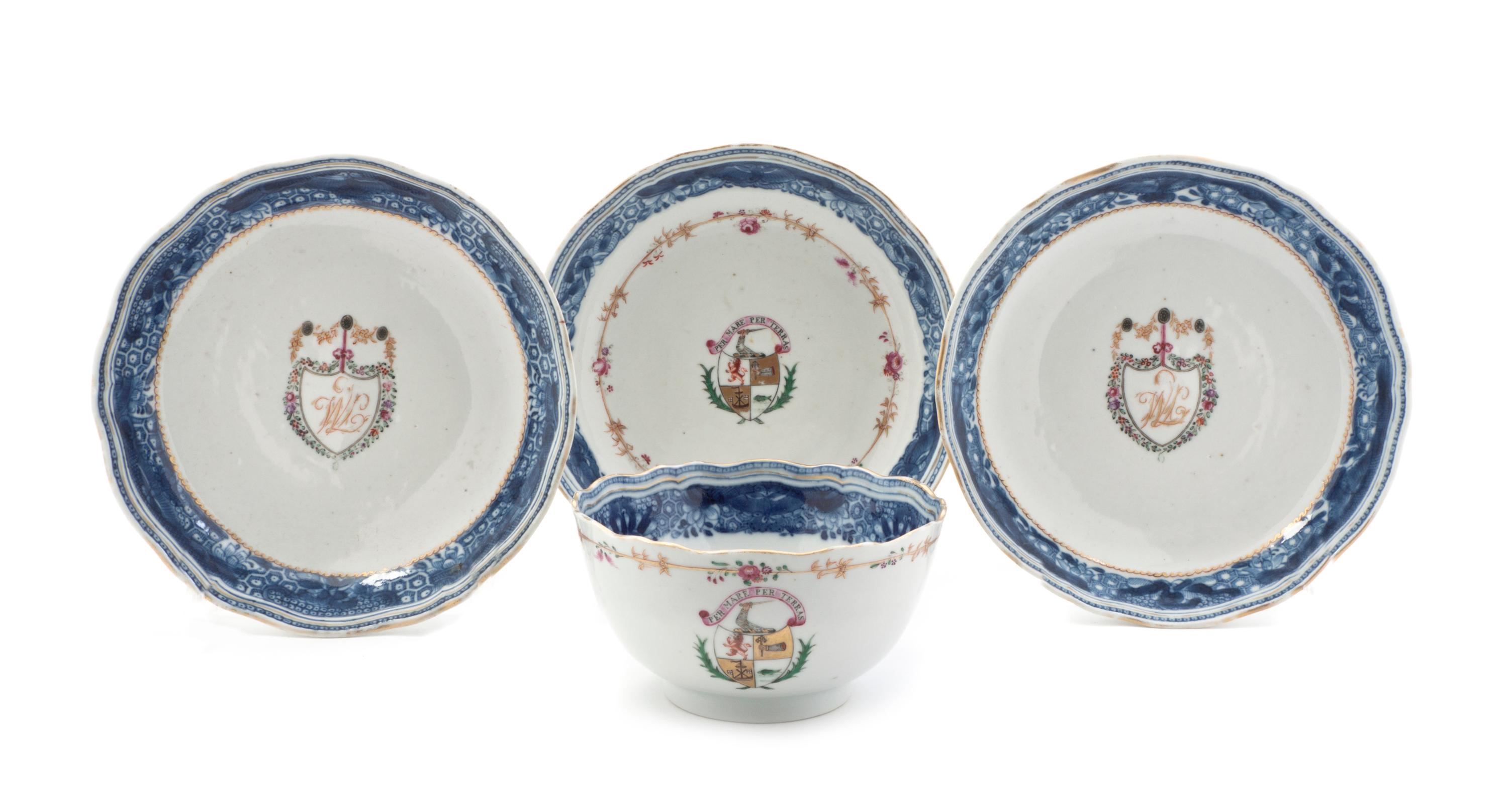 Four Chinese Export Porcelain Articles, Diameter of saucer 6 1/4 inches.